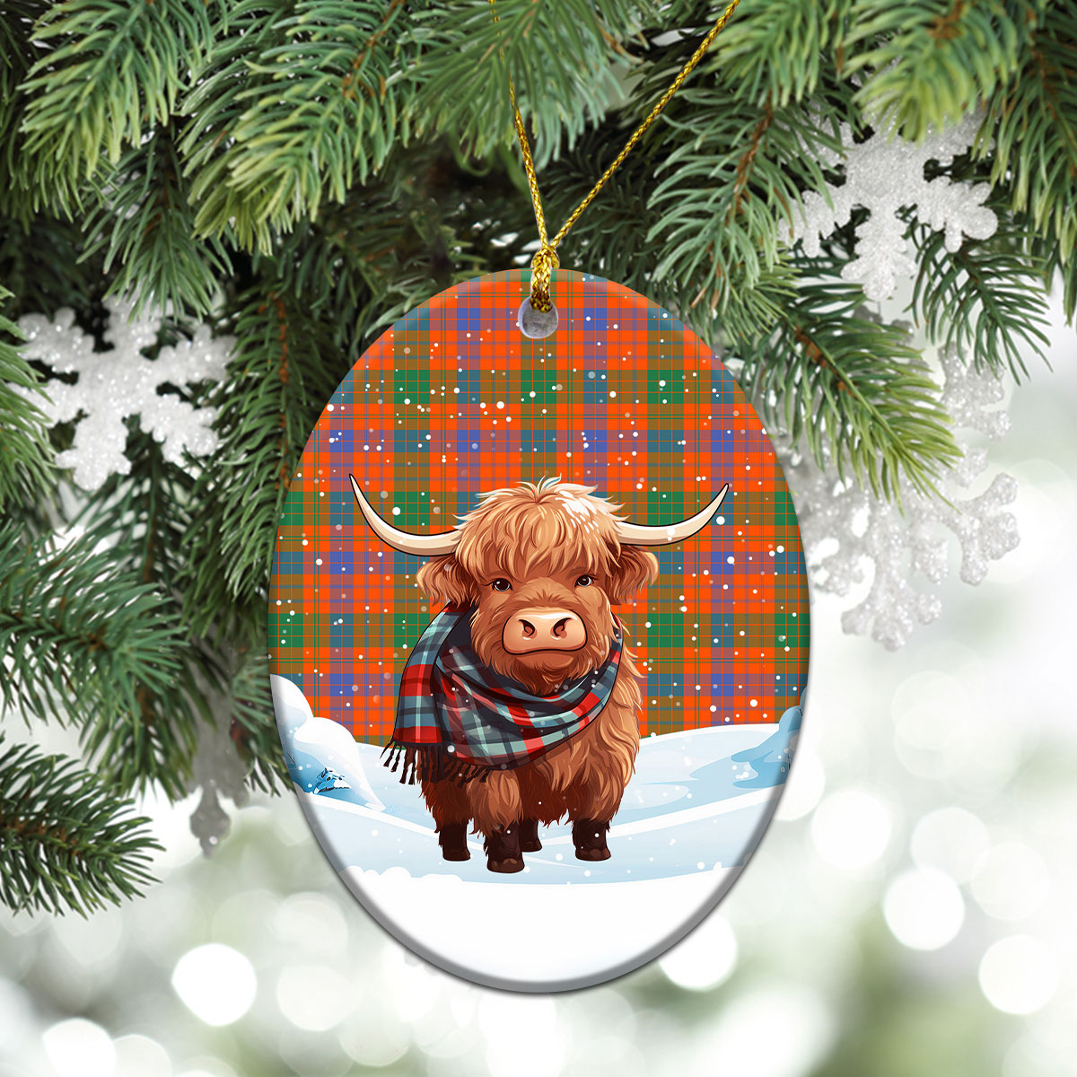 Ross Ancient Tartan Christmas Ceramic Ornament - Highland Cows Snow Style