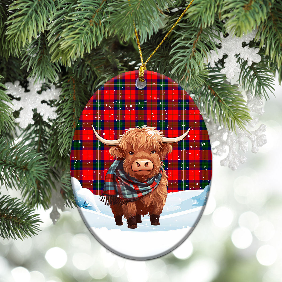 Ruthven Modern Tartan Christmas Ceramic Ornament - Highland Cows Snow Style