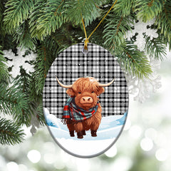 Scott Black & White Modern Tartan Christmas Ceramic Ornament - Highland Cows Snow Style