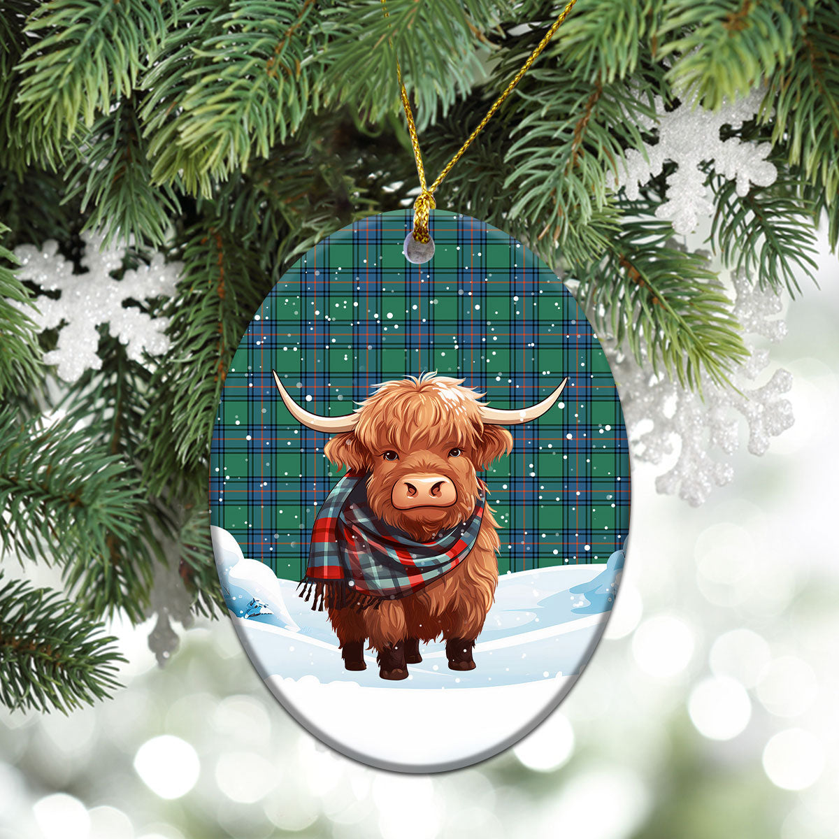 Shaw (of Sauchie) Ancient Tartan Christmas Ceramic Ornament - Highland Cows Snow Style