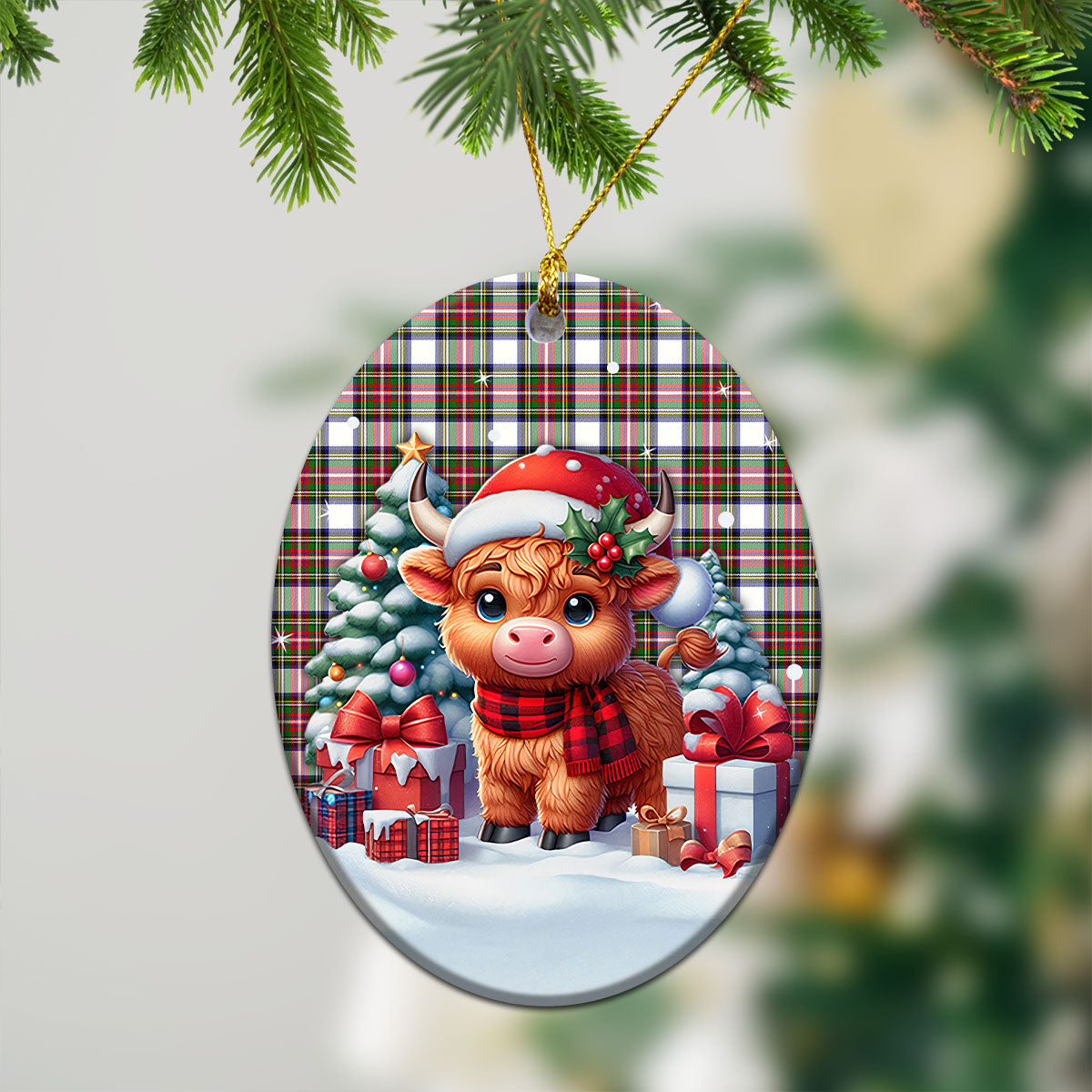 Stewart Dress Modern Tartan Christmas Ceramic Ornament - Highland Cow Winter Style