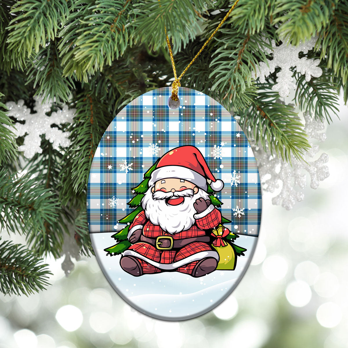 Stewart Muted Blue Tartan Christmas Ceramic Ornament - Scottish Santa Style