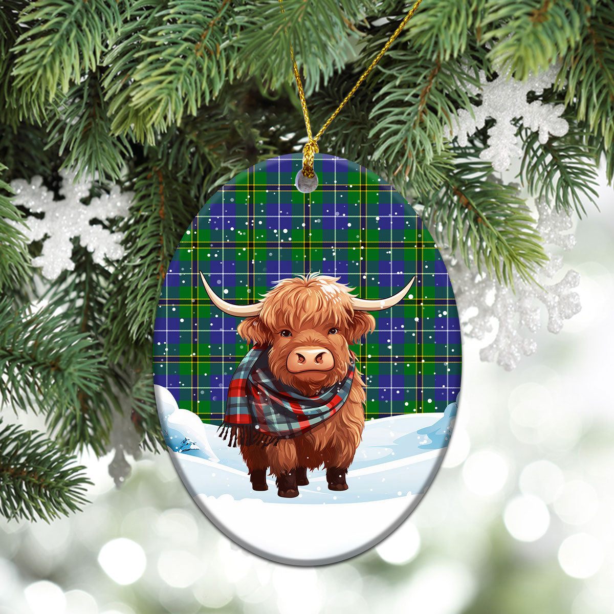 Turnbull Hunting Tartan Christmas Ceramic Ornament - Highland Cows Snow Style