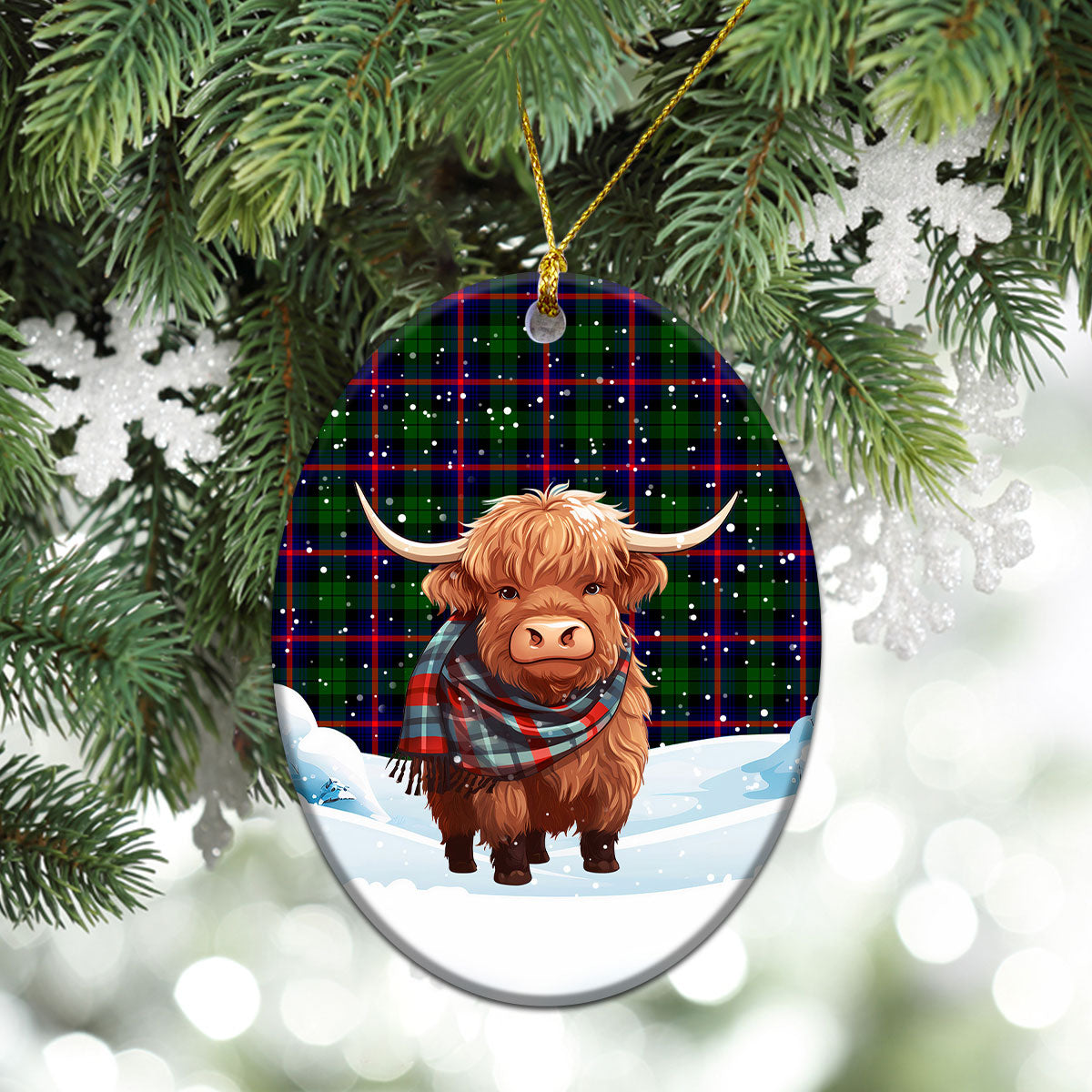 Urquhart Modern Tartan Christmas Ceramic Ornament - Highland Cows Snow Style