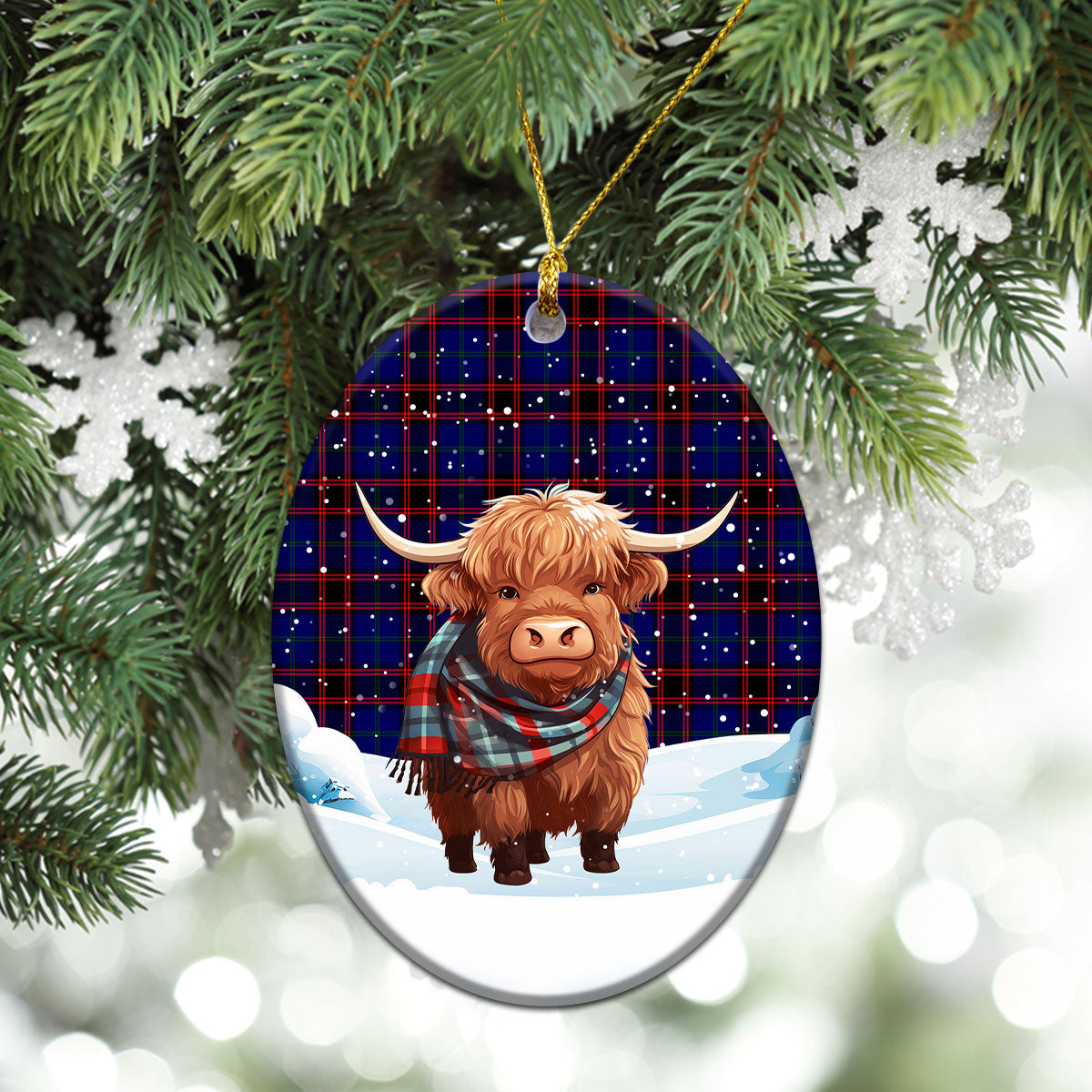 Wedderburn Tartan Christmas Ceramic Ornament - Highland Cows Snow Style