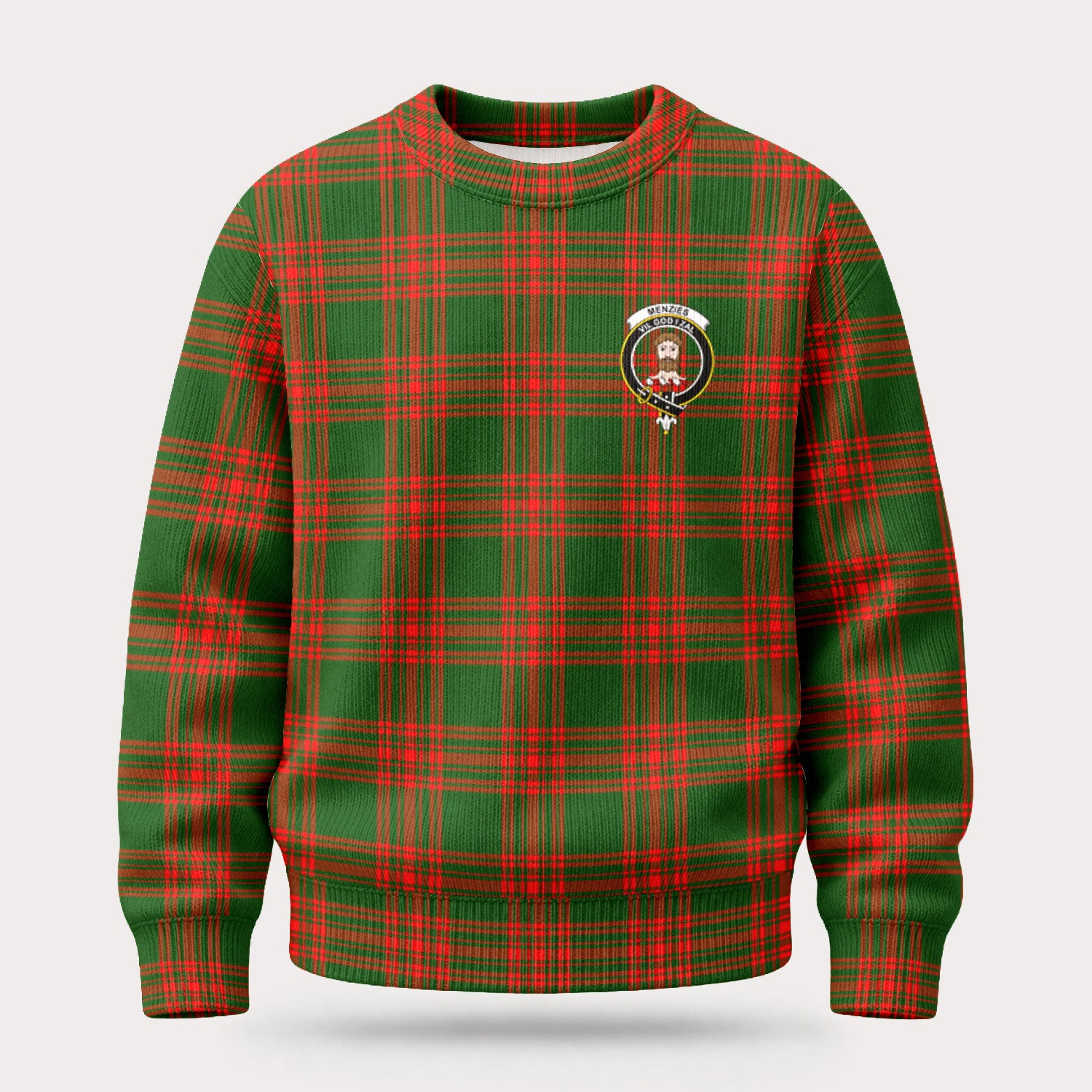 Menzies Green Modern Tartan Crest Sweater