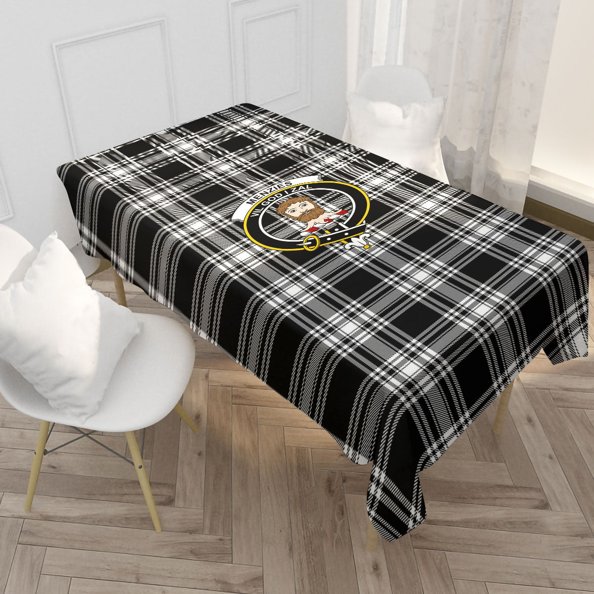 Menzies Black - White Modern Tartan Crest Tablecloth