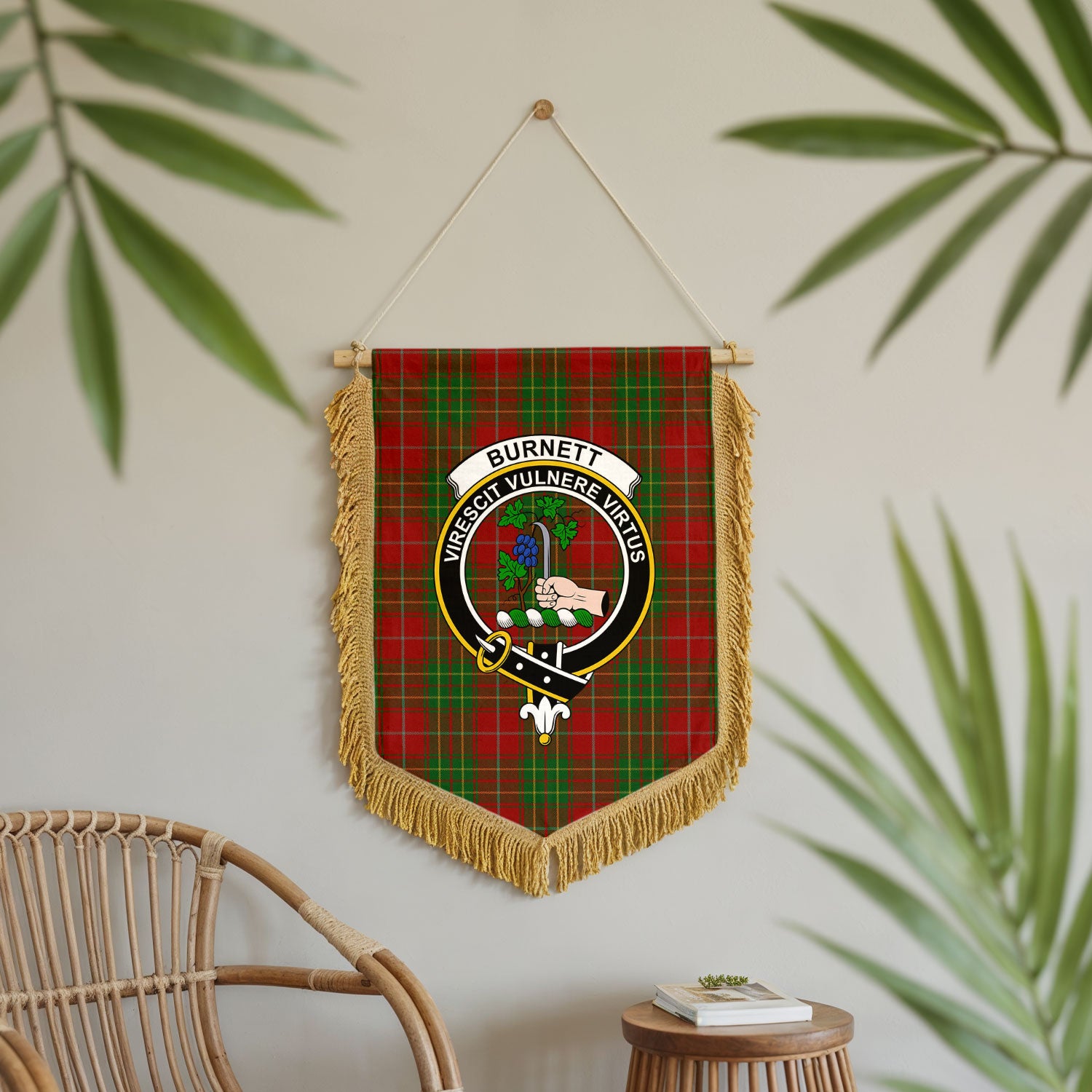 Burnett Tartan Crest Wall Hanging Banner - Wood Pole