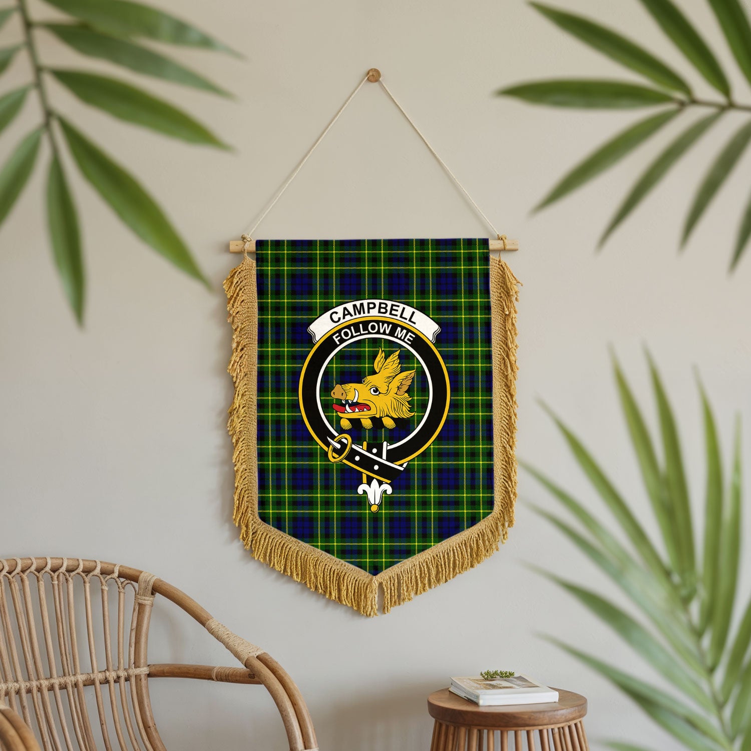 Campbell of Breadalbane Modern Tartan Crest Wall Hanging Banner - Wood Pole