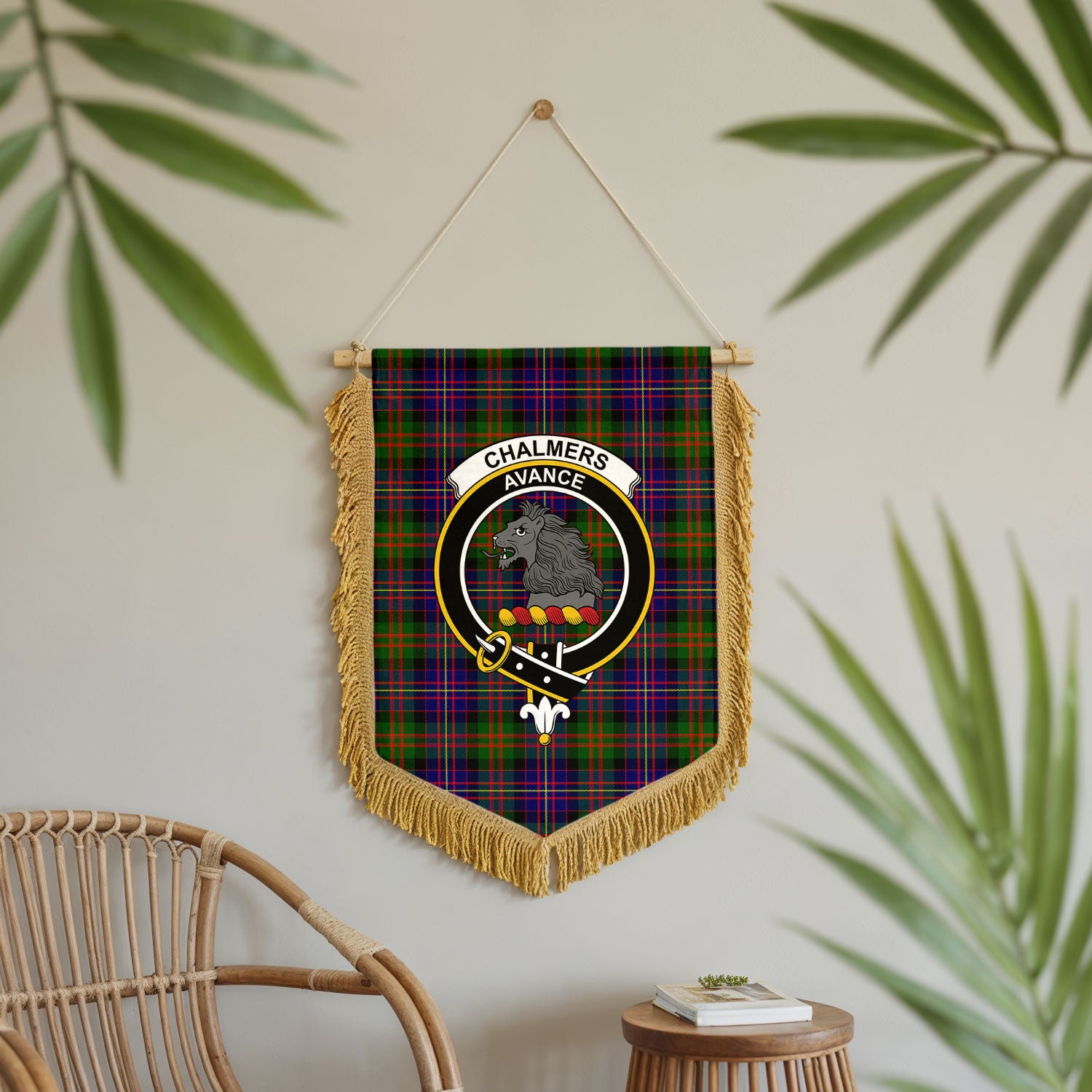 Chalmers Tartan Crest Wall Hanging Banner - Wood Pole