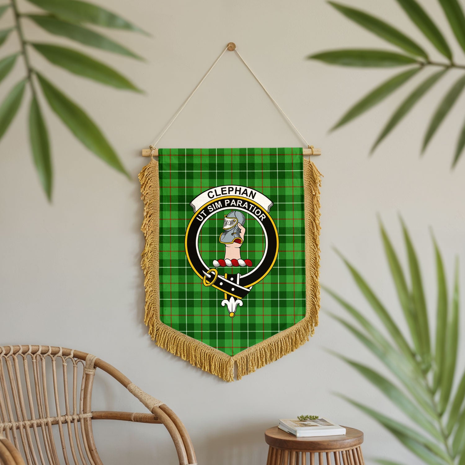 Clephan (or Clephane) Tartan Crest Wall Hanging Banner - Wood Pole