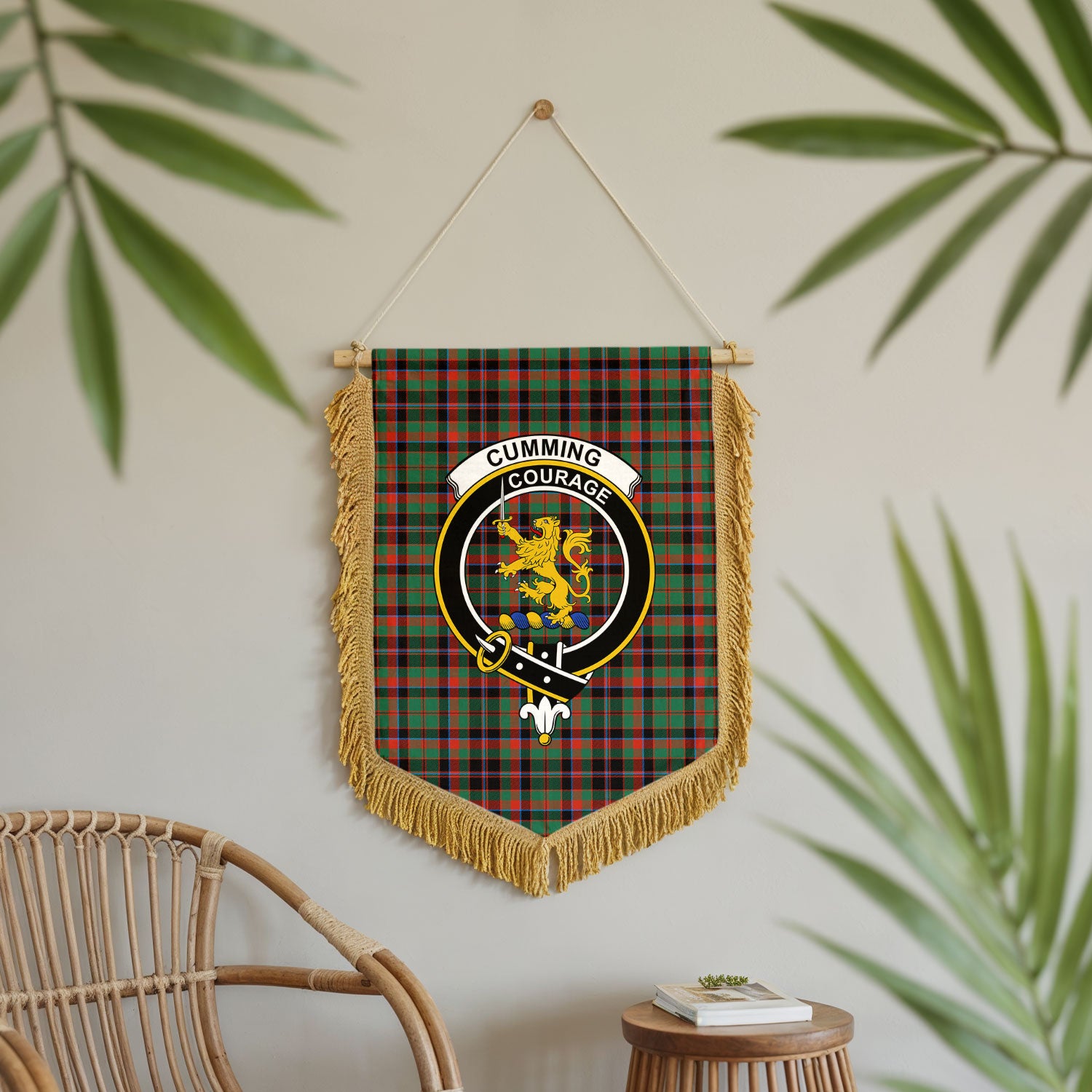 Cumming Hunting Ancient Tartan Crest Wall Hanging Banner - Wood Pole
