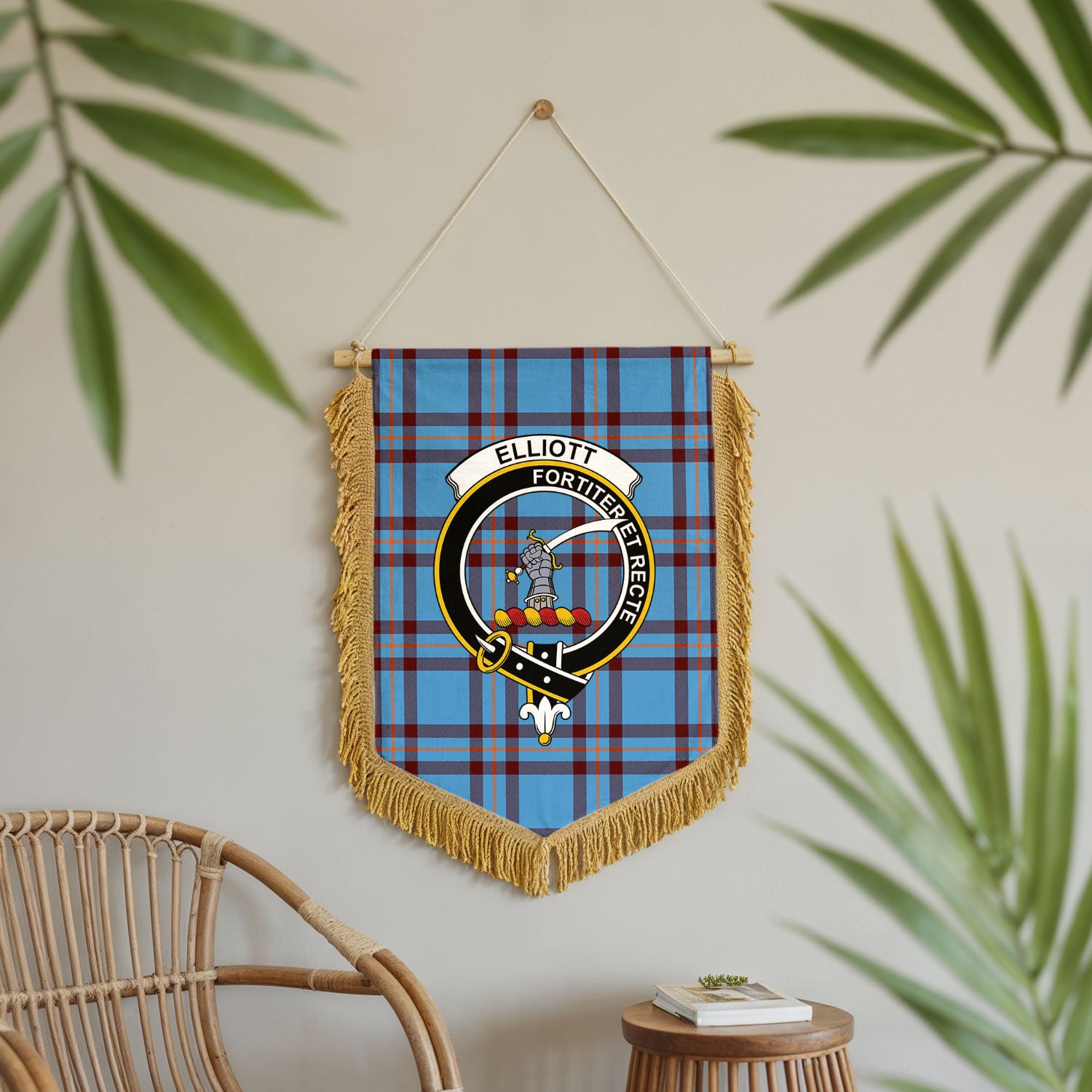 Elliott Ancient Tartan Crest Wall Hanging Banner - Wood Pole