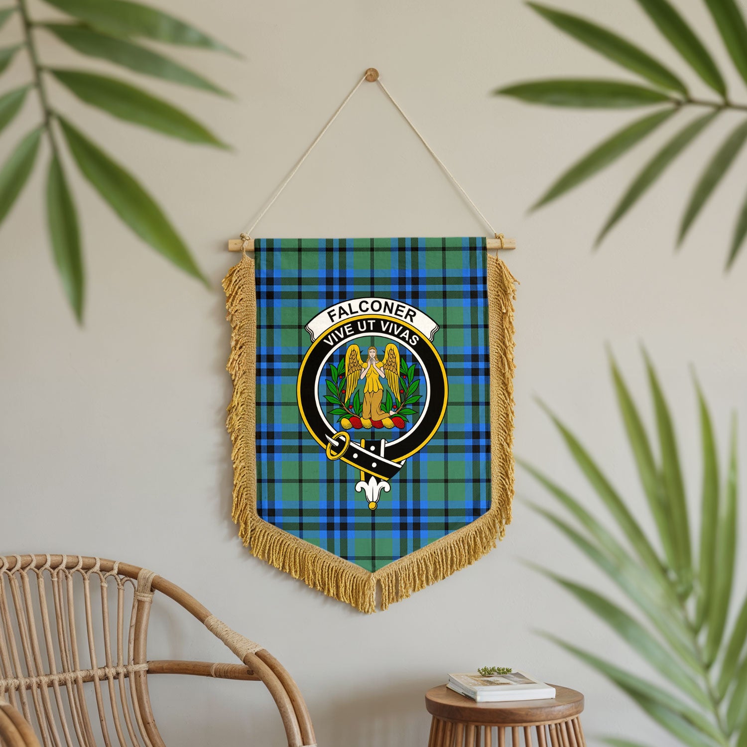 Falconer Tartan Crest Wall Hanging Banner - Wood Pole