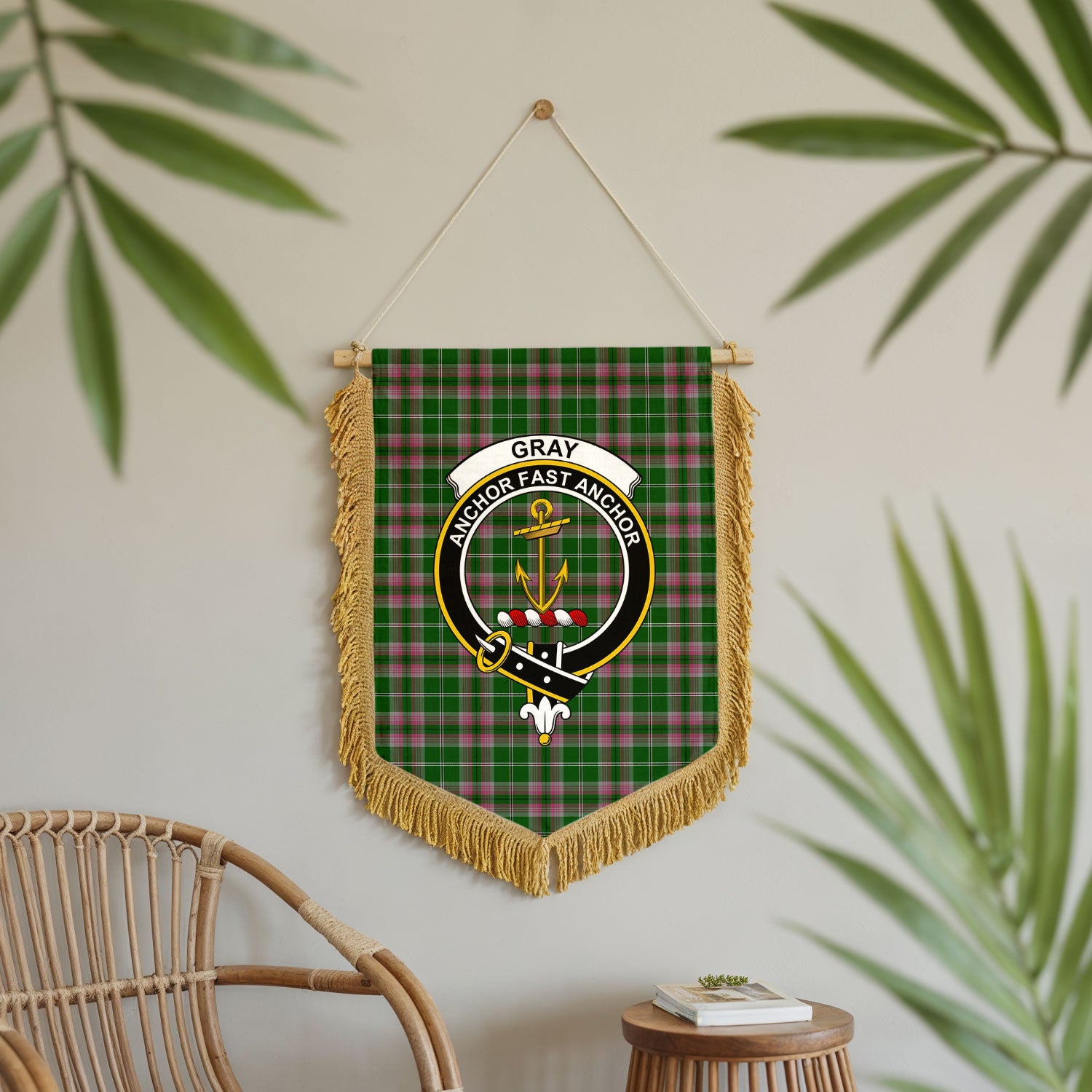 Gray Hunting Tartan Crest Wall Hanging Banner - Wood Pole