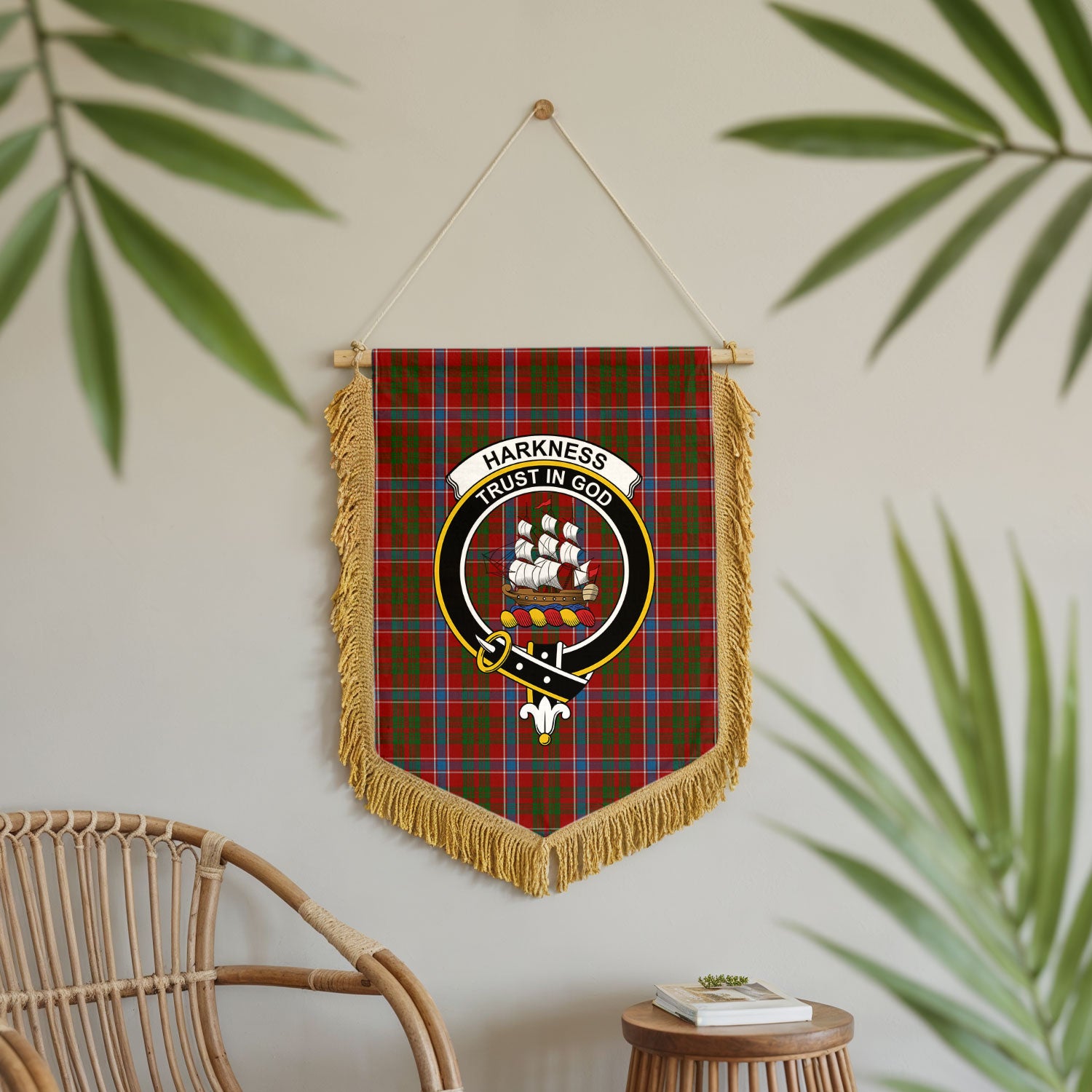 Harkness Dress Tartan Crest Wall Hanging Banner - Wood Pole