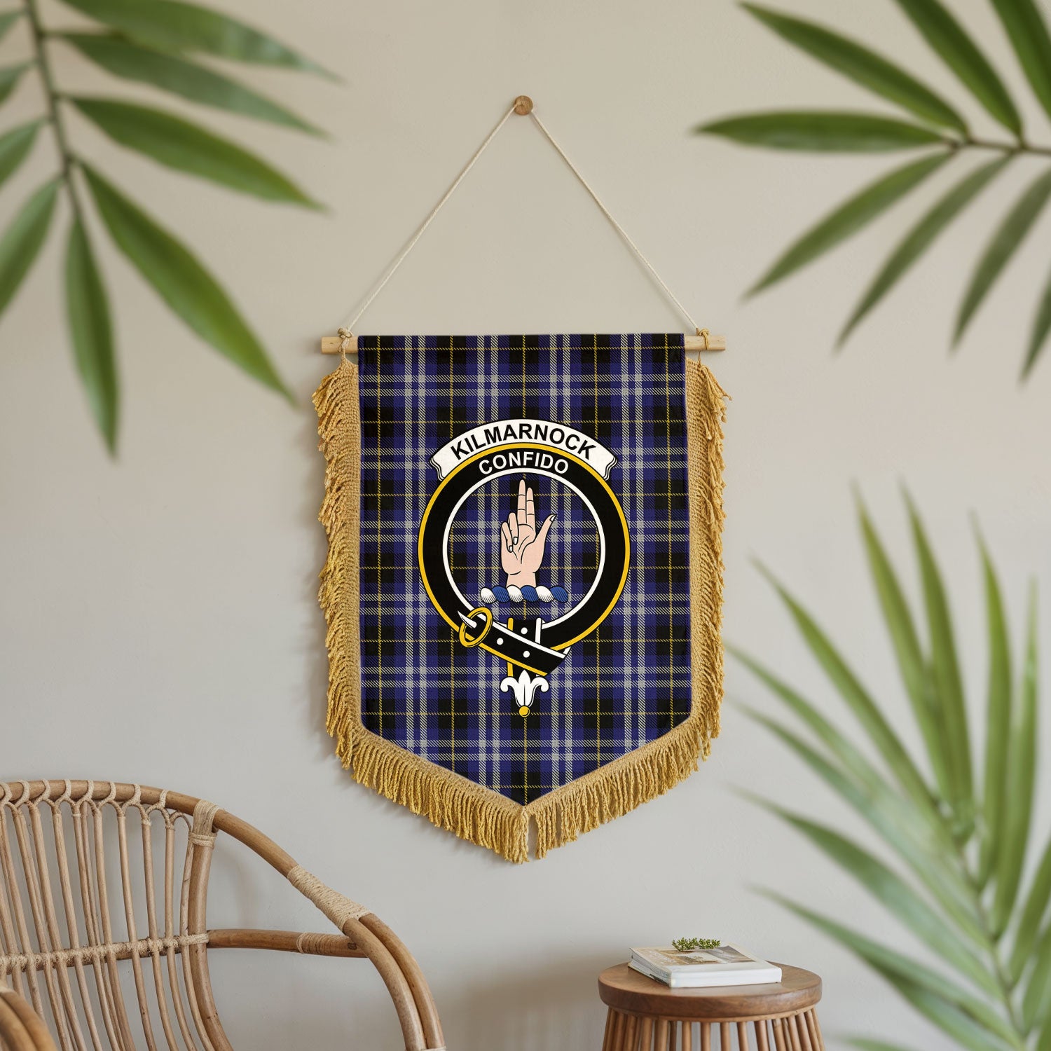 Kilmarnock Tartan Crest Wall Hanging Banner - Wood Pole