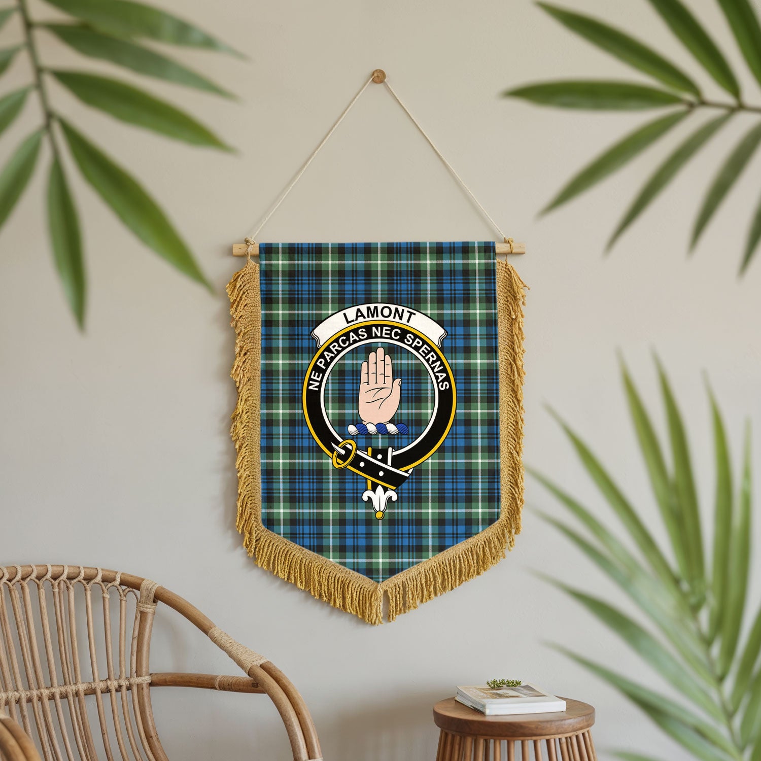 Lamont Ancient Tartan Crest Wall Hanging Banner - Wood Pole