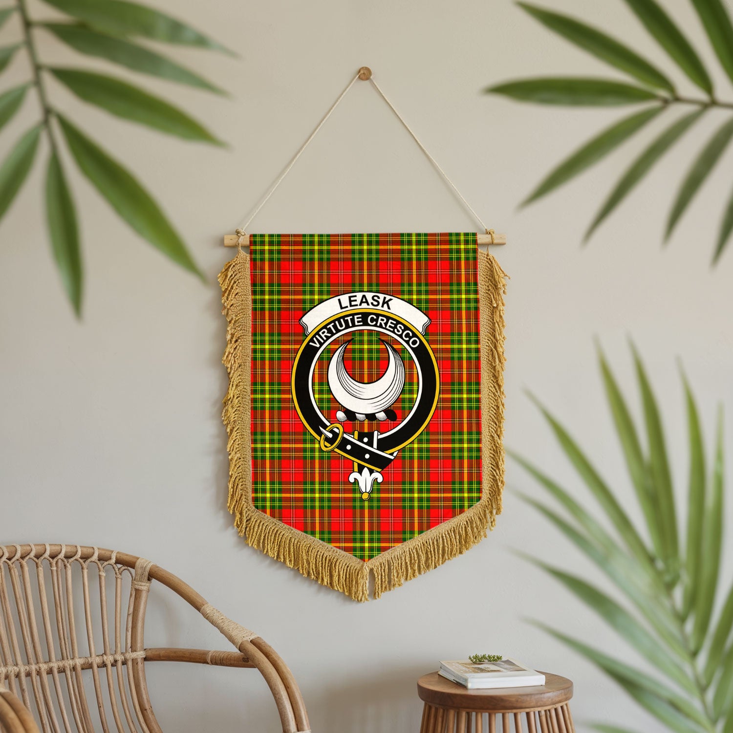 Leask Tartan Crest Wall Hanging Banner - Wood Pole