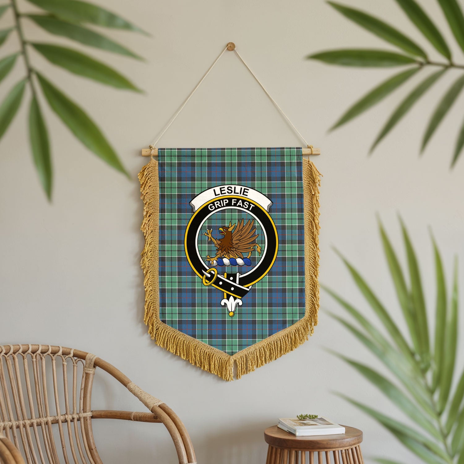 Leslie Hunting Ancient Tartan Crest Wall Hanging Banner - Wood Pole