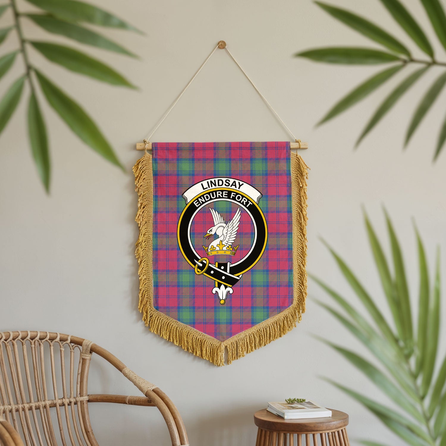 Lindsay Ancient Tartan Crest Wall Hanging Banner - Wood Pole