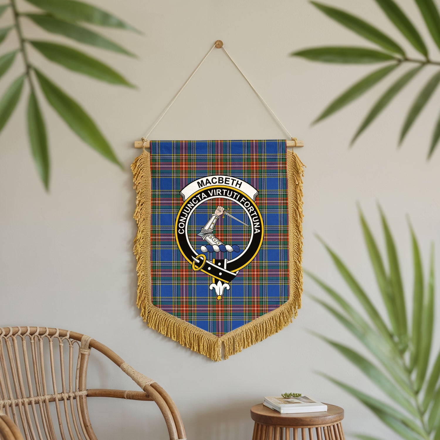 MacBeth Ancient Tartan Crest Wall Hanging Banner - Wood Pole