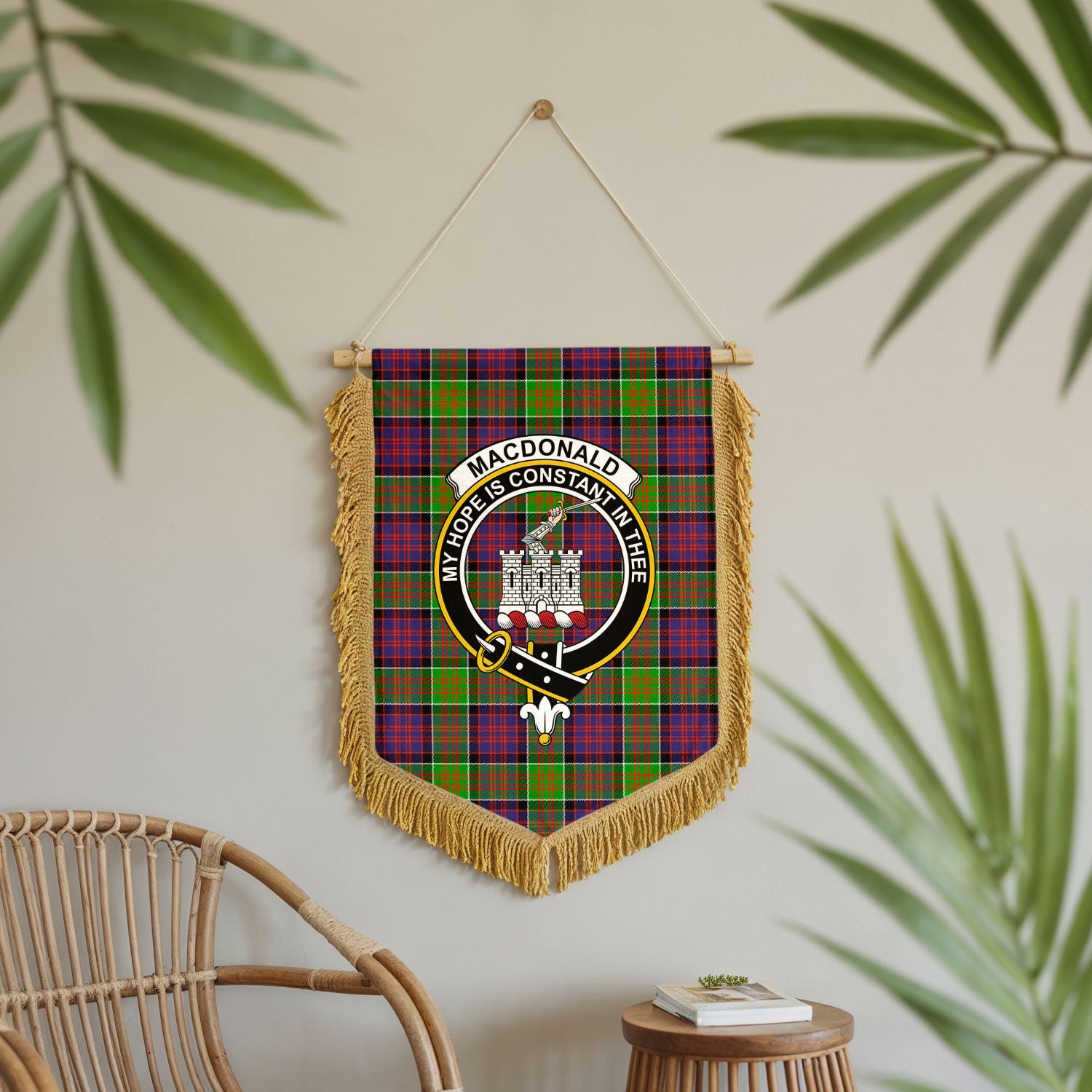 MacDonald (Clan Ranald) Tartan Crest Wall Hanging Banner - Wood Pole