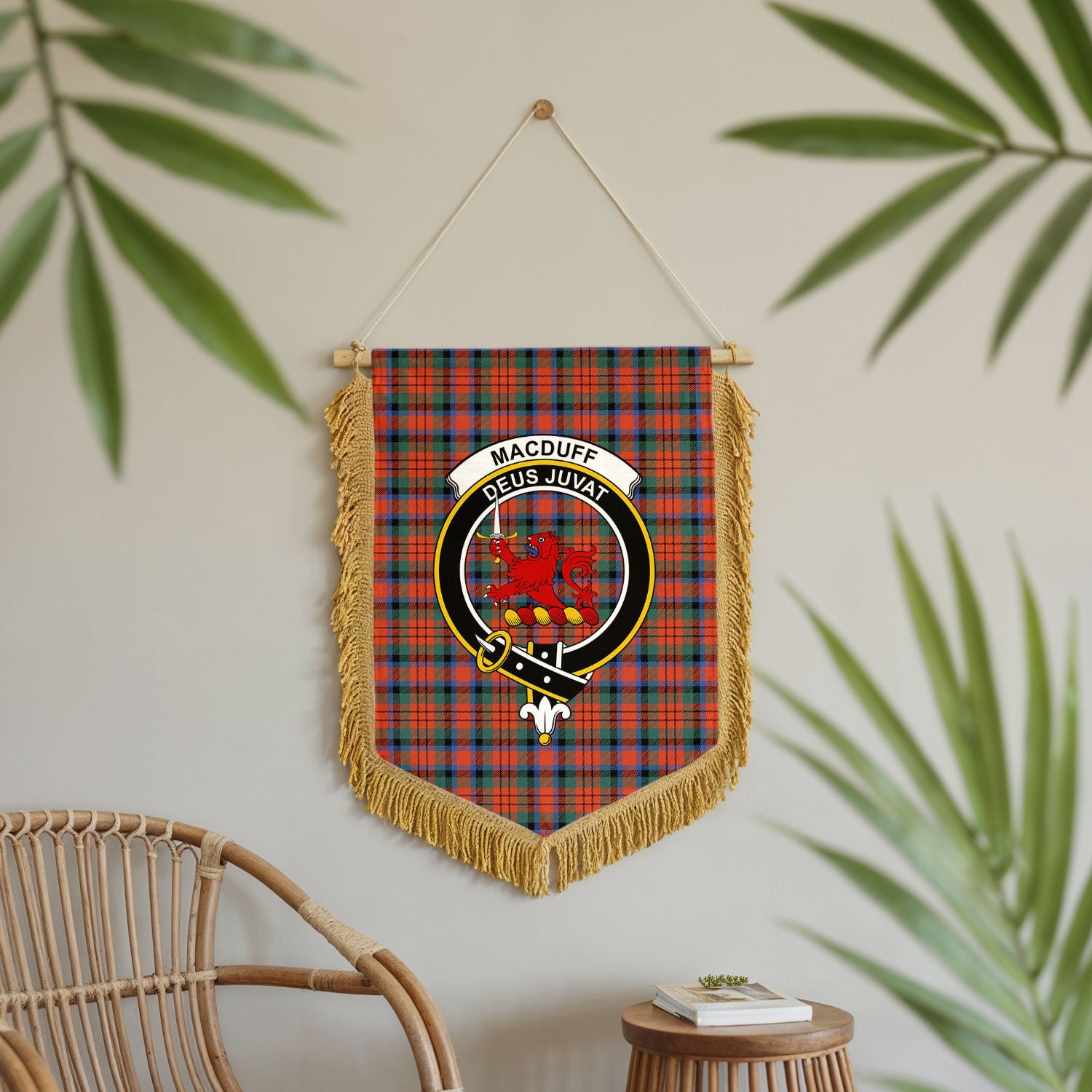 MacDuff Ancient Tartan Crest Wall Hanging Banner - Wood Pole