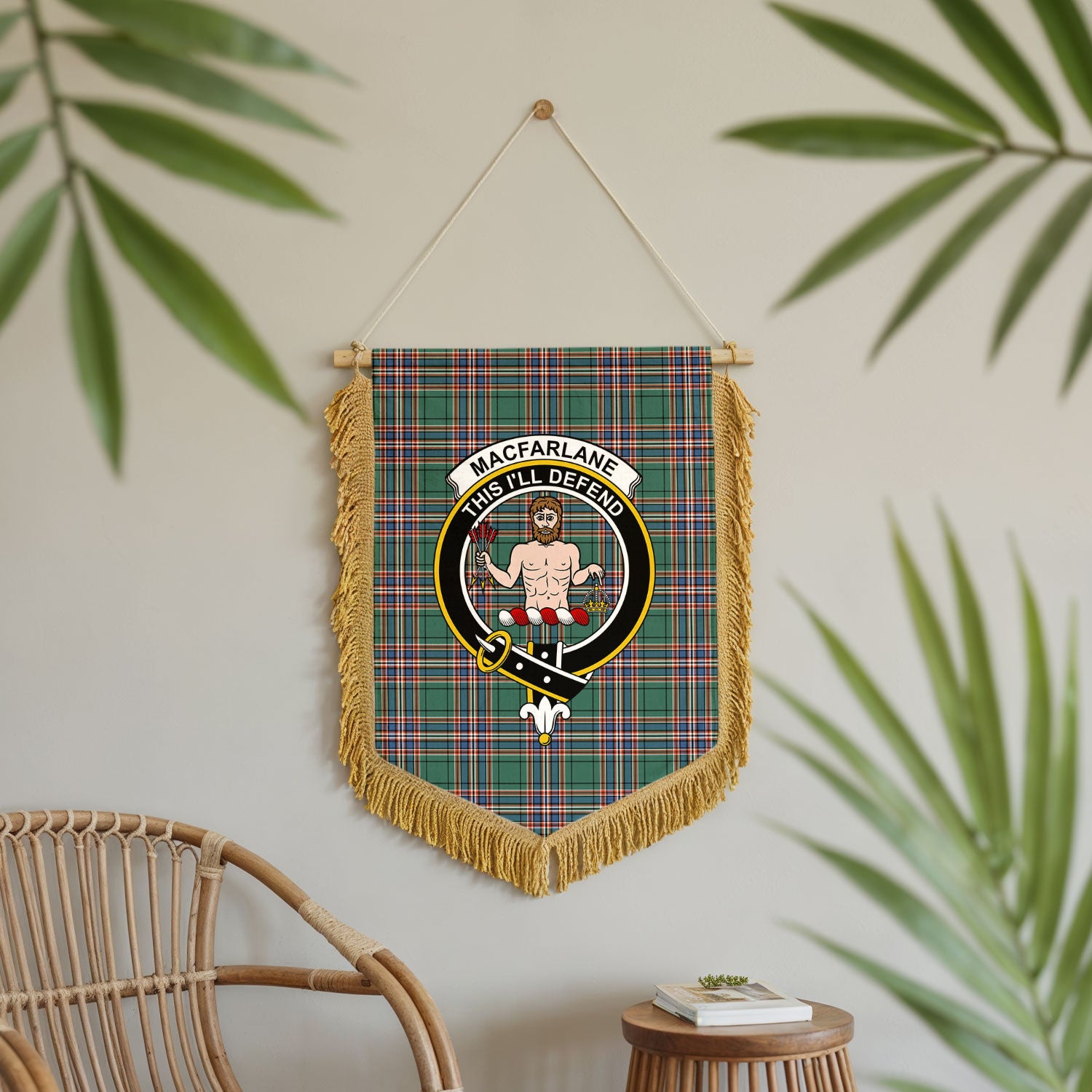 MacFarlane Hunting Ancient Tartan Crest Wall Hanging Banner - Wood Pole