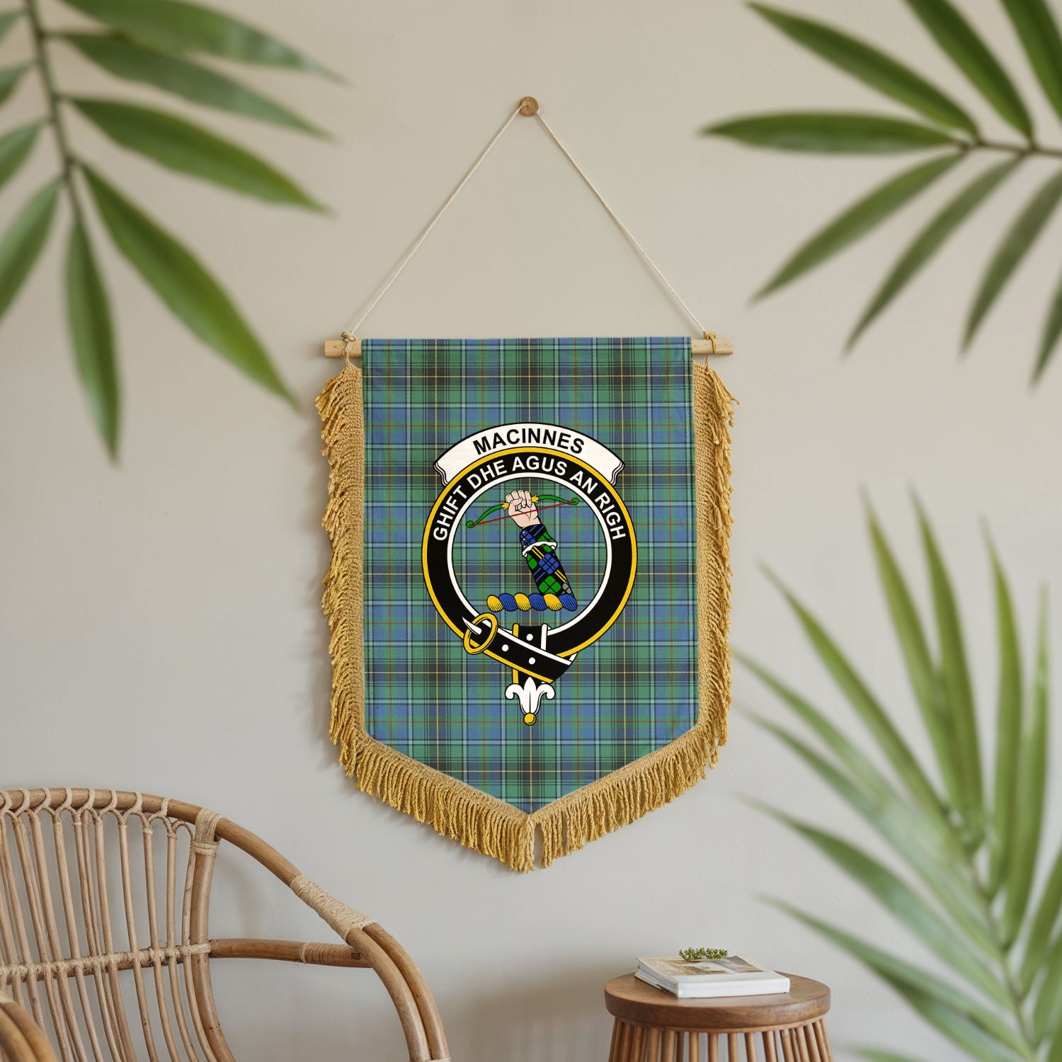 MacInnes Ancient Tartan Crest Wall Hanging Banner - Wood Pole