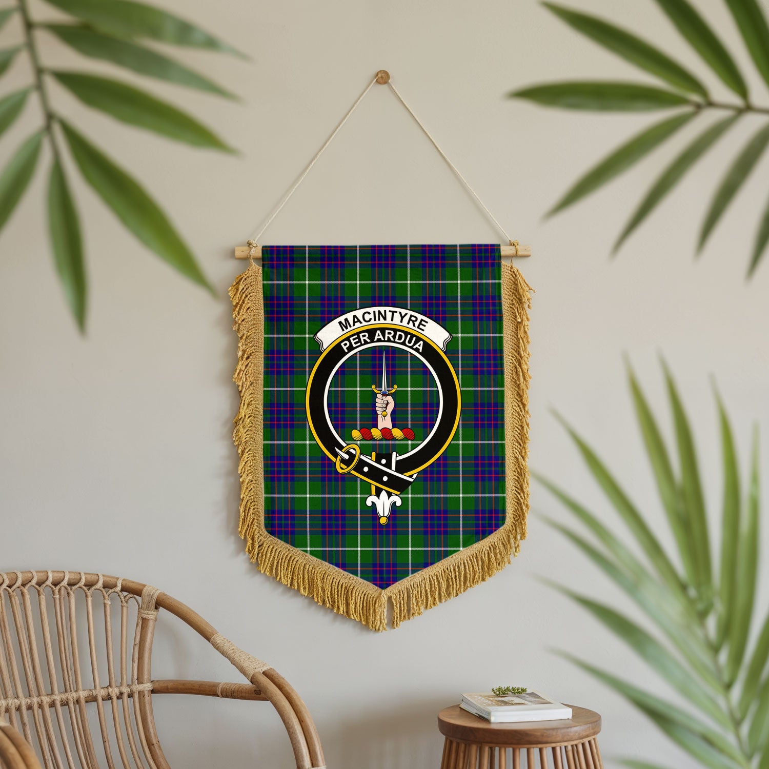 MacIntyre Hunting Modern Tartan Crest Wall Hanging Banner - Wood Pole