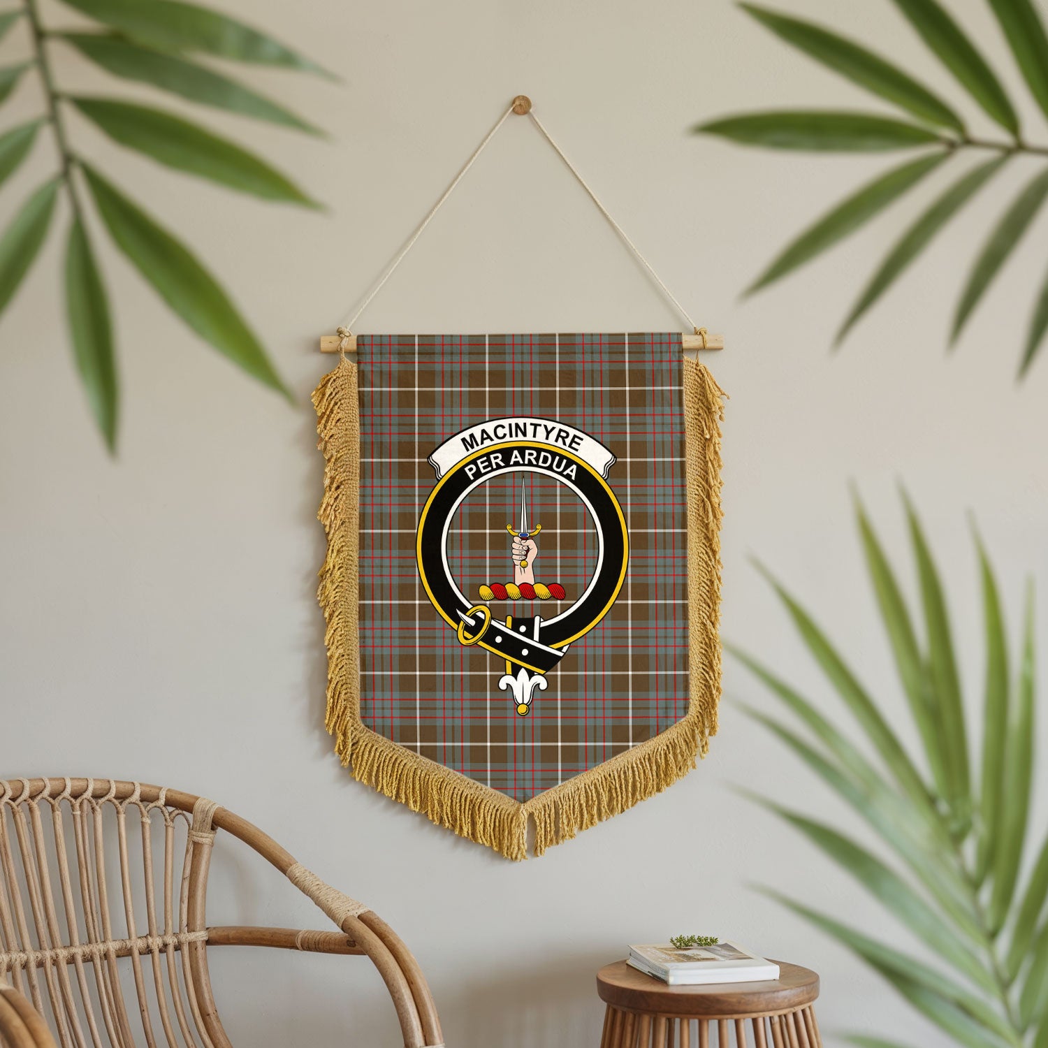MacIntyre Hunting Weathered Tartan Crest Wall Hanging Banner - Wood Pole