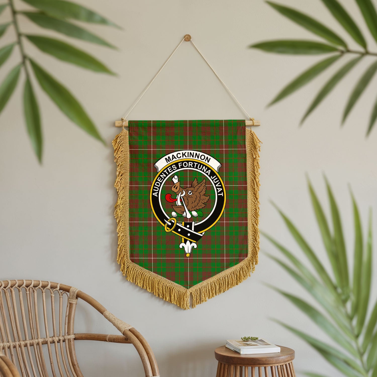 MacKinnon Hunting Modern Tartan Crest Wall Hanging Banner - Wood Pole
