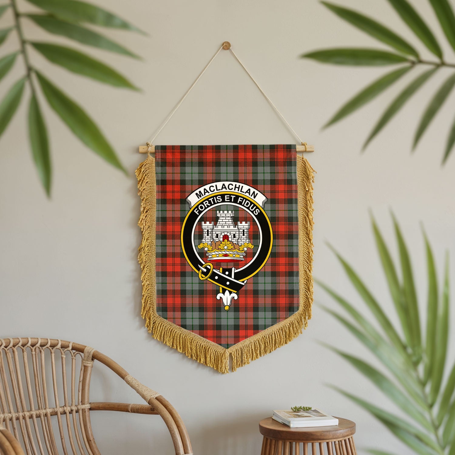 MacLachlan Weathered Tartan Crest Wall Hanging Banner - Wood Pole