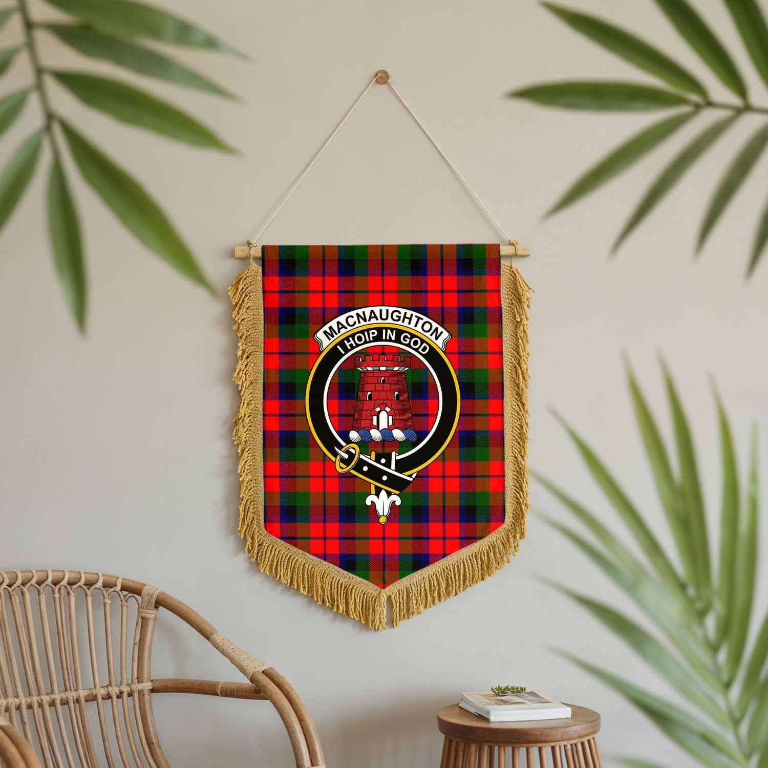 MacNaughton Modern Tartan Crest Wall Hanging Banner - Wood Pole