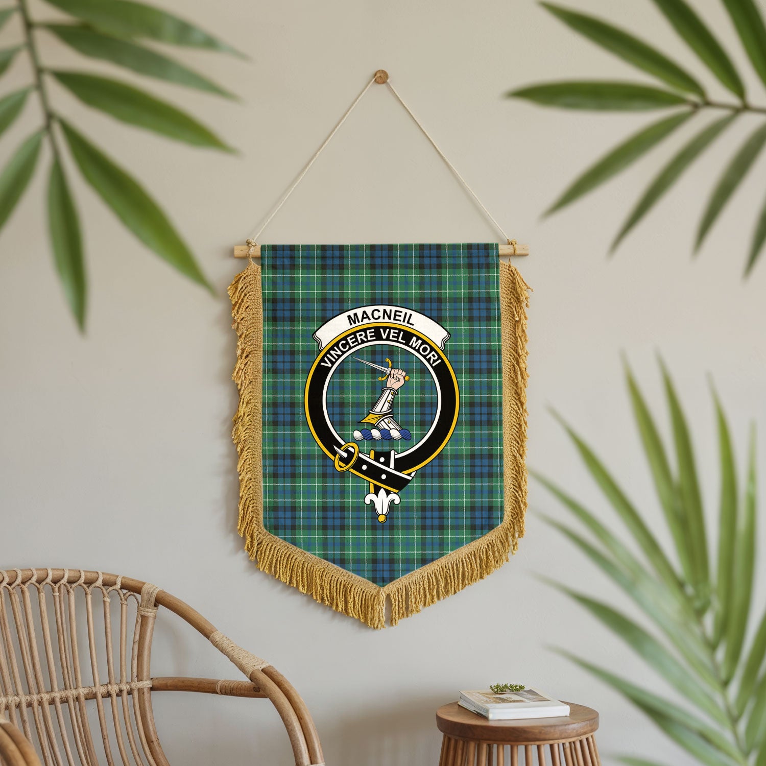 MacNeil of Colonsay Ancient Tartan Crest Wall Hanging Banner - Wood Pole