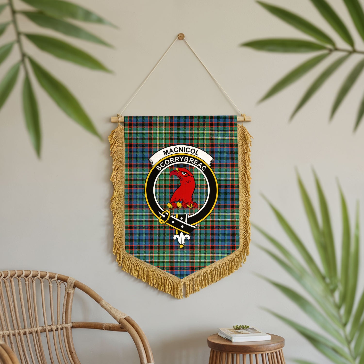 MacNicol Hunting Ancient Tartan Crest Wall Hanging Banner - Wood Pole