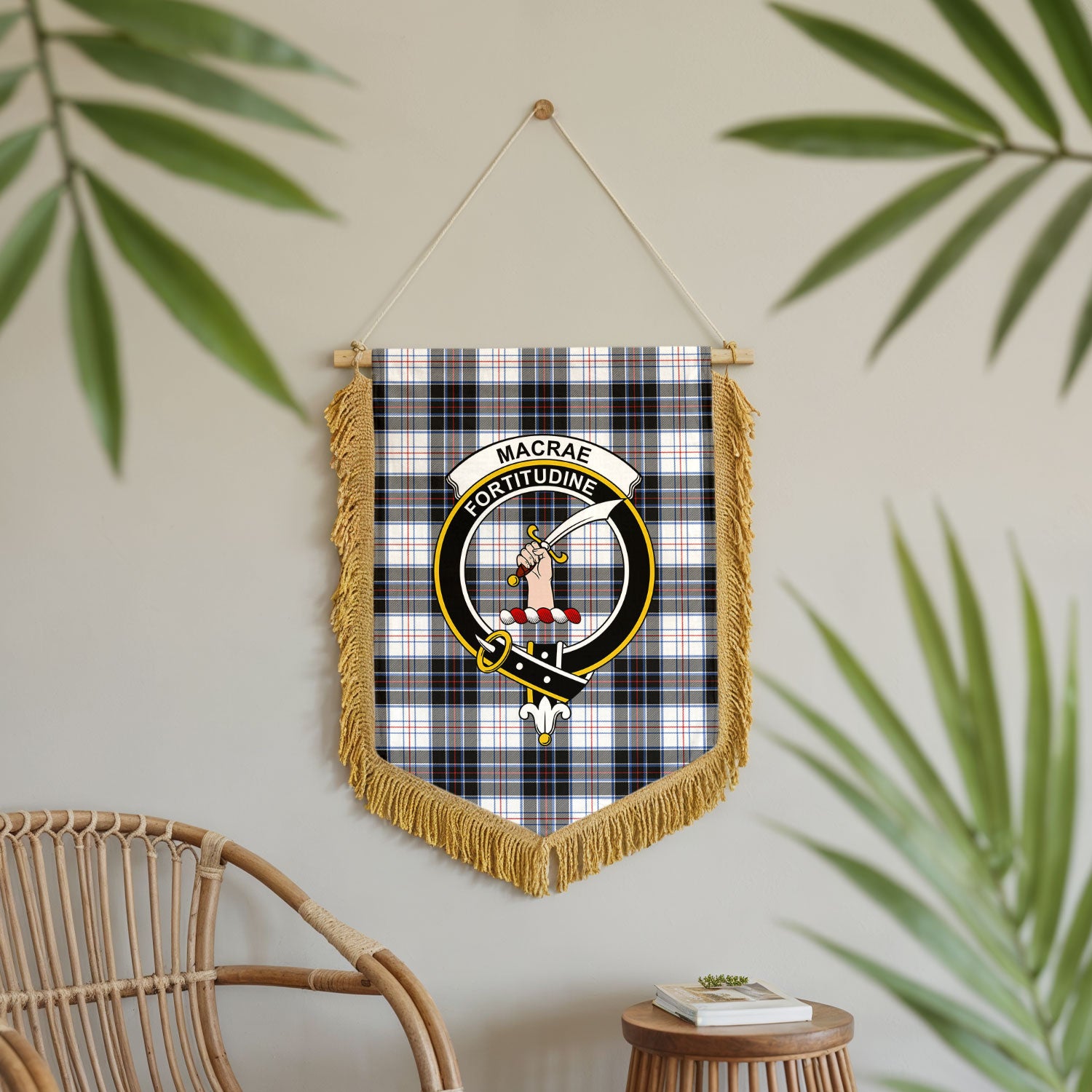 MacRae Dress Modern Tartan Crest Wall Hanging Banner - Wood Pole