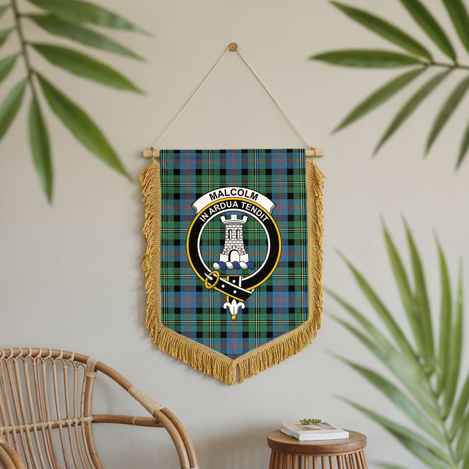 Malcolm Ancient Tartan Crest Wall Hanging Banner - Wood Pole