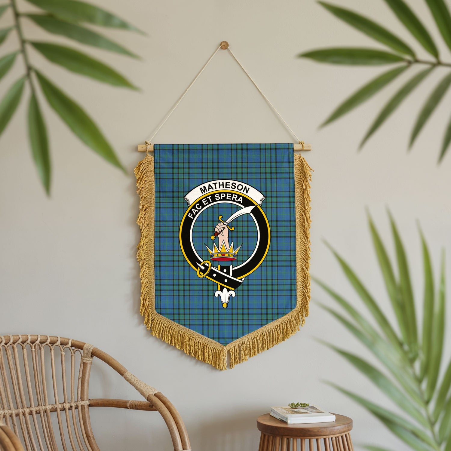 Matheson Hunting Ancient Tartan Crest Wall Hanging Banner - Wood Pole
