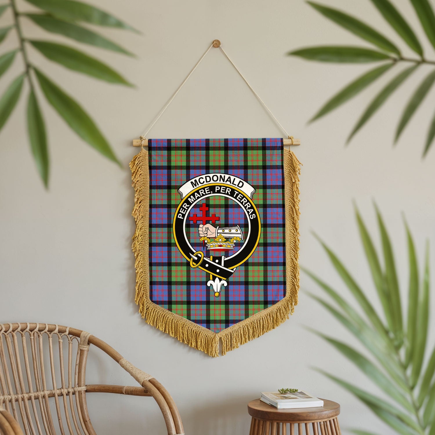 McDonald Ancient Tartan Crest Wall Hanging Banner - Wood Pole