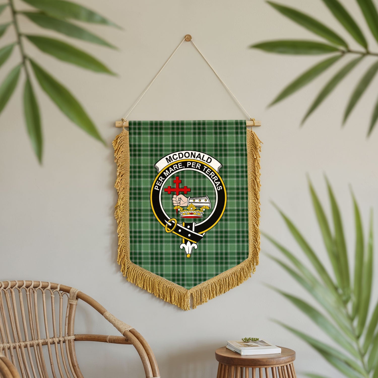 McDonald Lord of the Isles Hunting Tartan Crest Wall Hanging Banner - Wood Pole