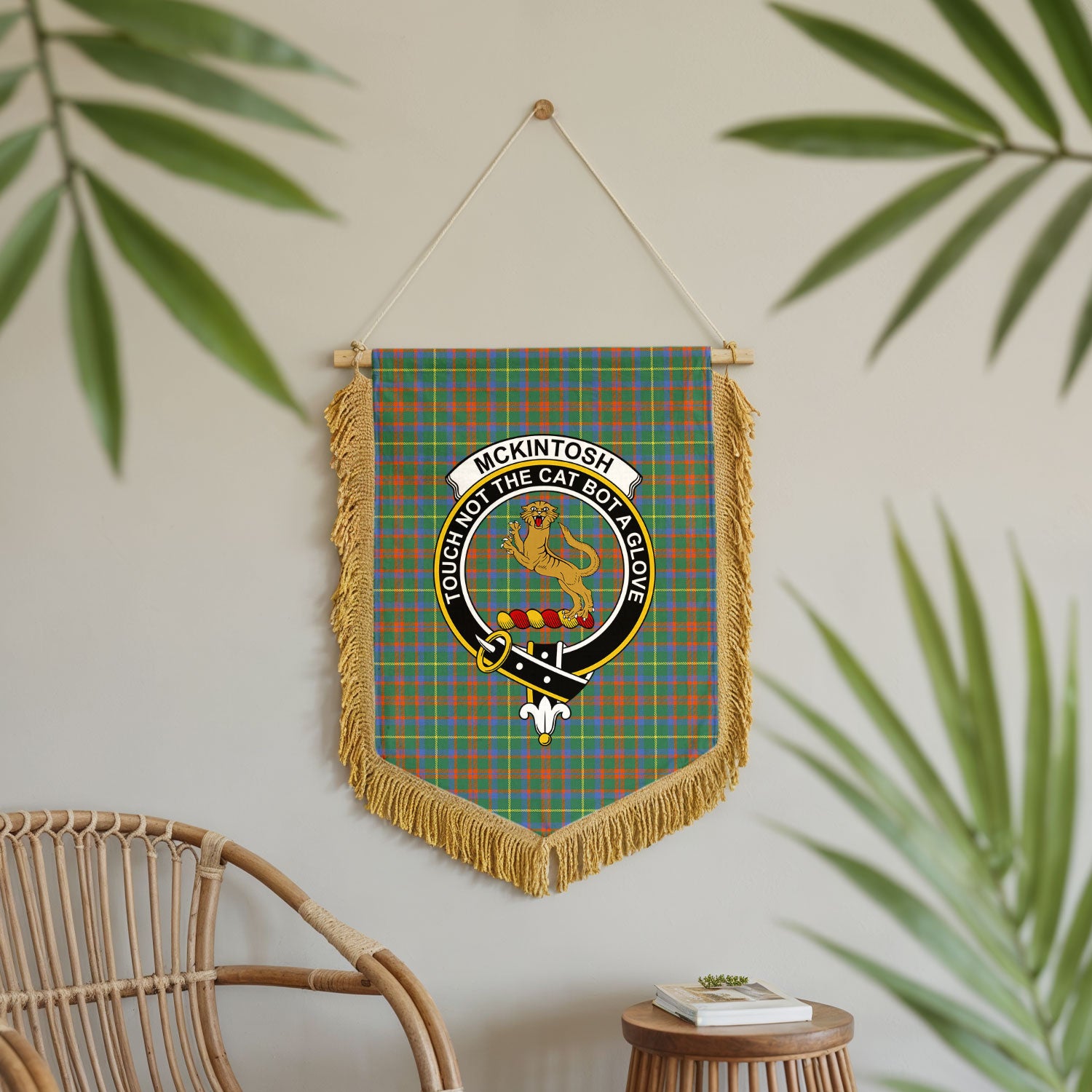 McKintosh Hunting Ancient Tartan Crest Wall Hanging Banner - Wood Pole