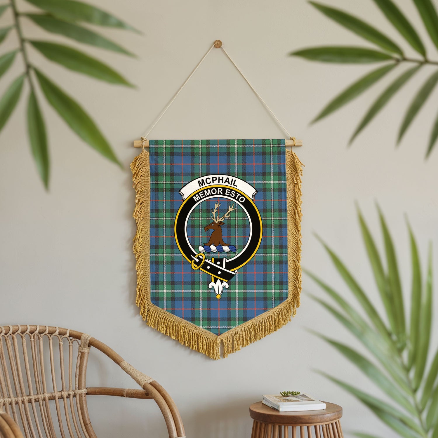 McPhail Hunting Ancient Tartan Crest Wall Hanging Banner - Wood Pole