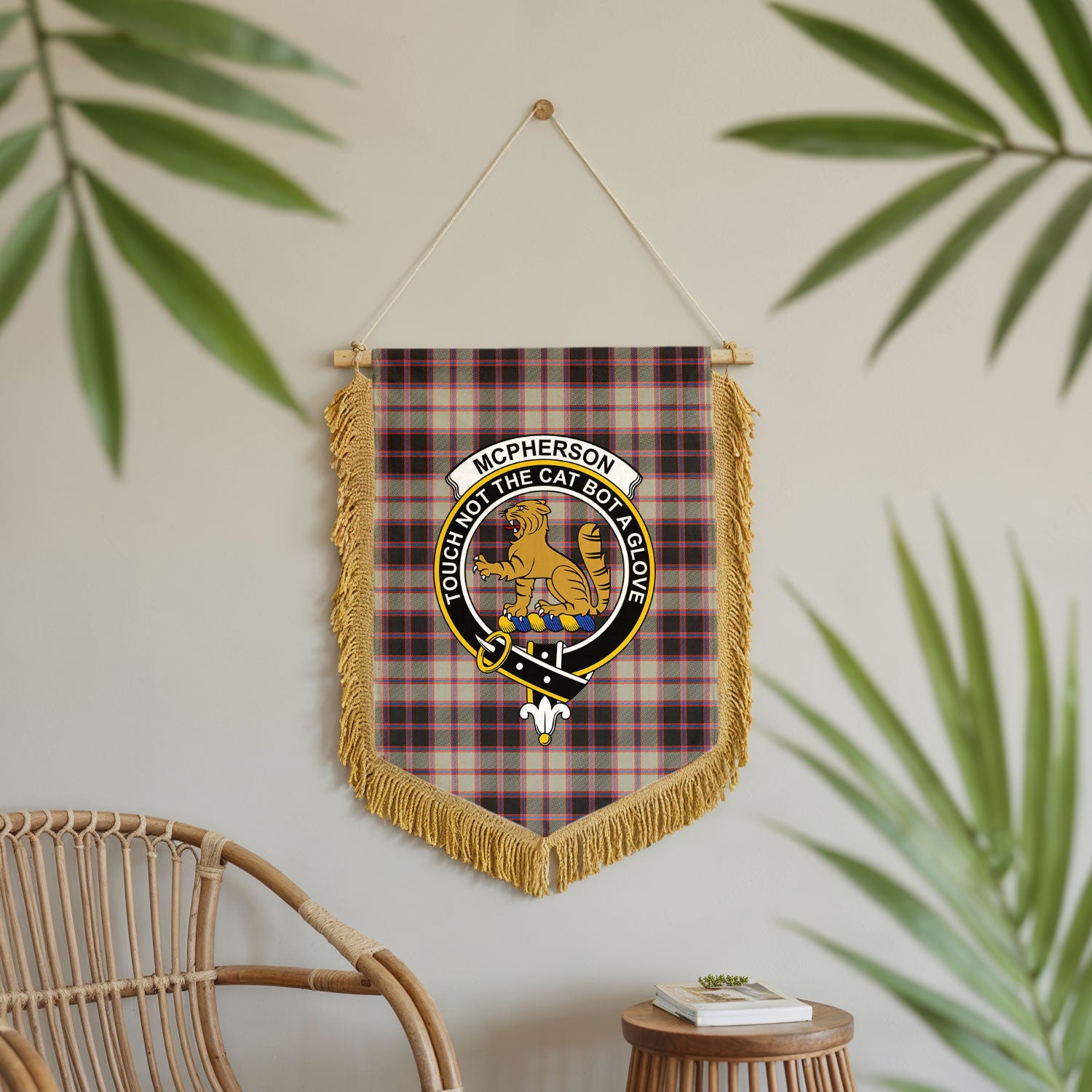 McPherson Hunting Ancient Tartan Crest Wall Hanging Banner - Wood Pole