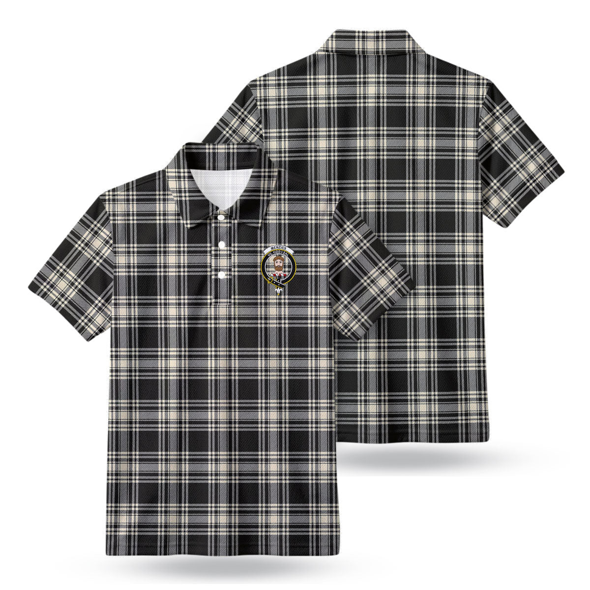 Menzies Black - White Ancient Tartan Crest Birdseye Mesh Polo Shirt