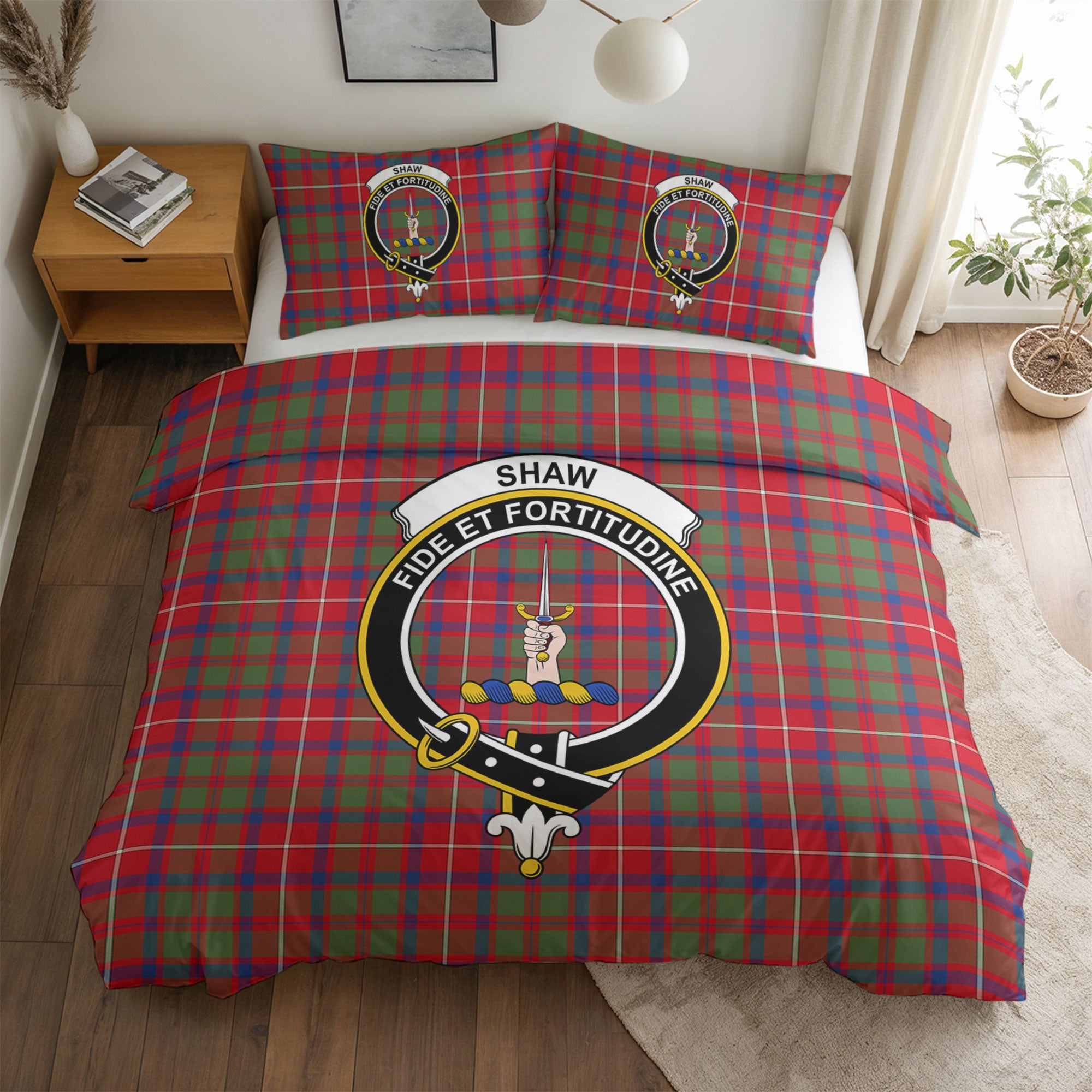 Shaw Red Modern Tartan Crest Bedding Set