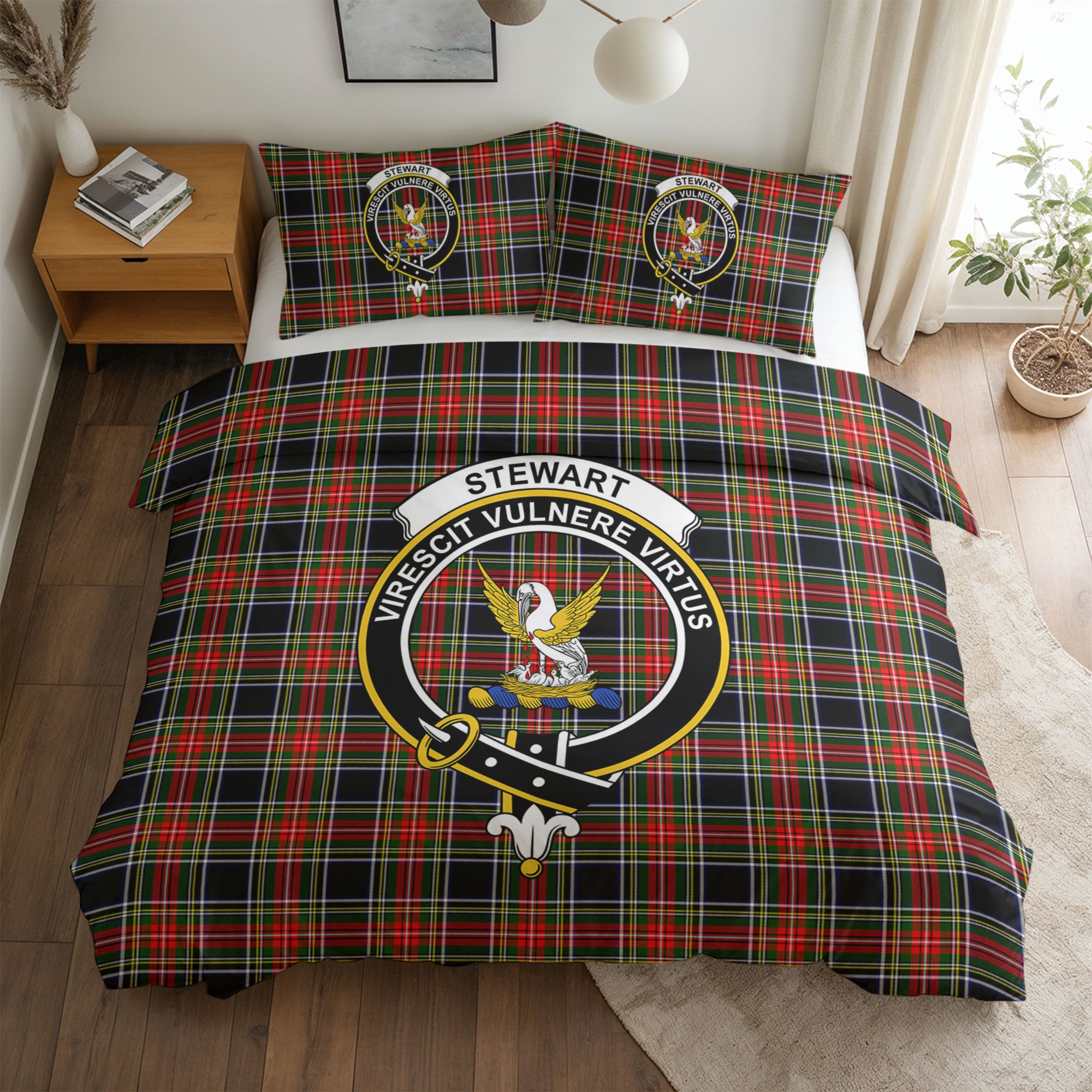 Stewart Black Tartan Crest Bedding Set