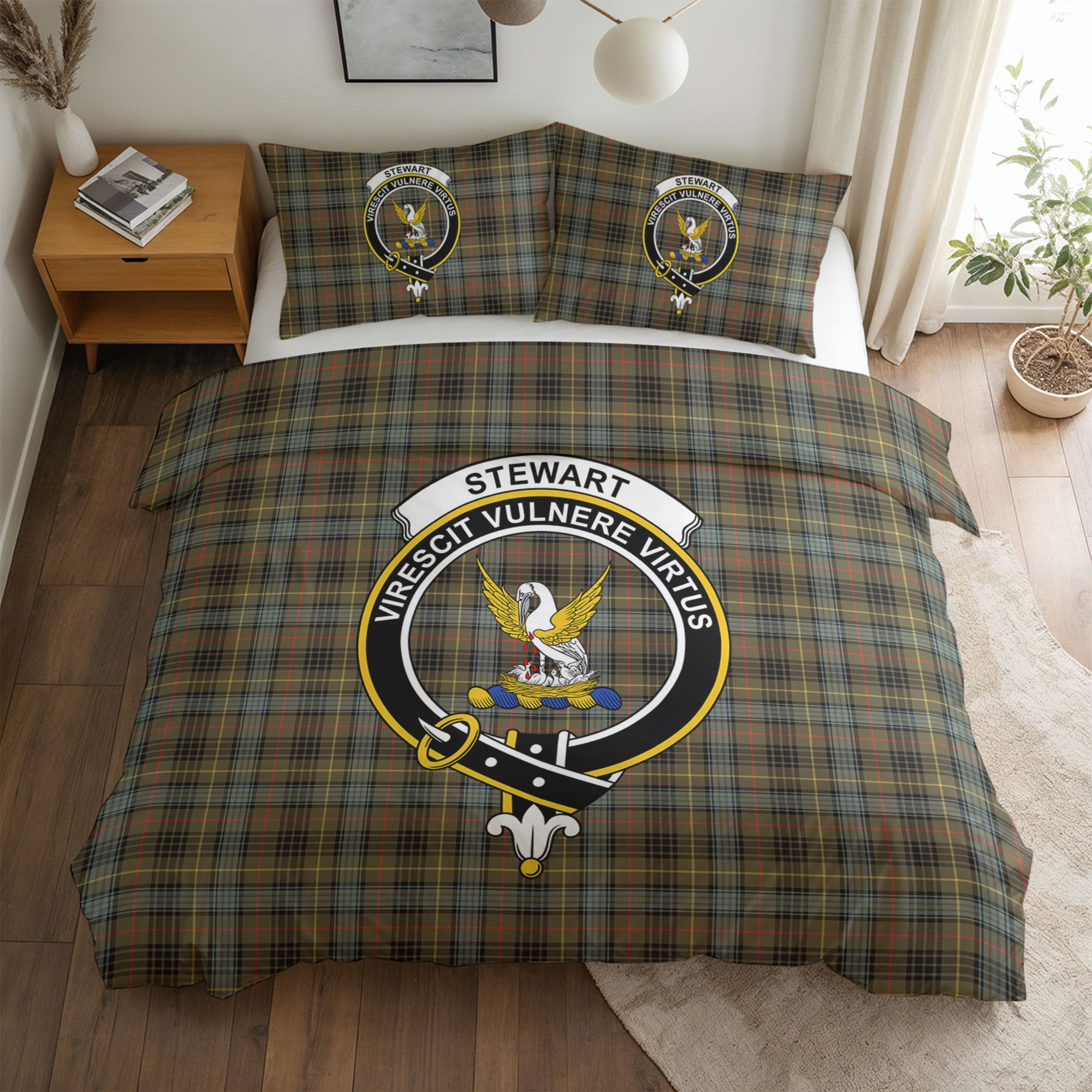 Stewart Hunting Weathered Tartan Crest Bedding Set