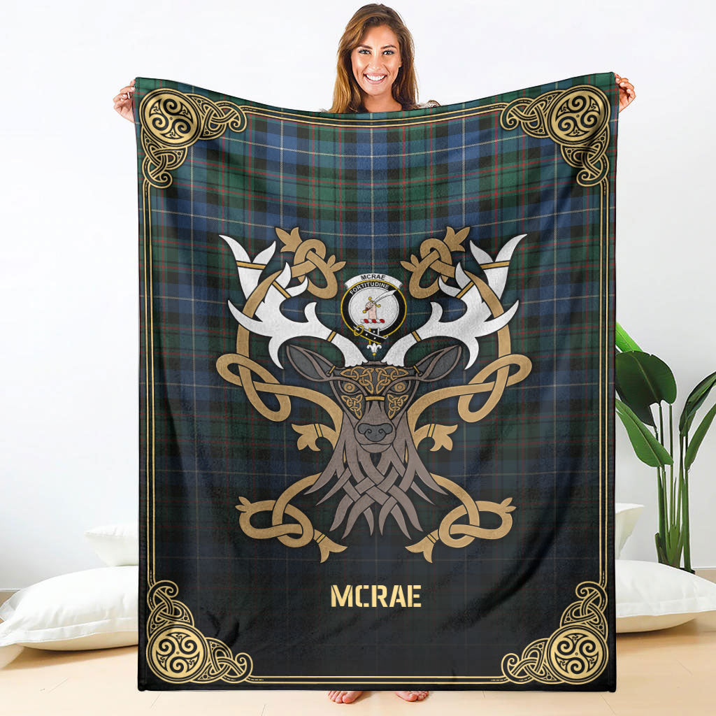 McRae Hunting Ancient Tartan Crest Premium Blanket - Celtic Stag style